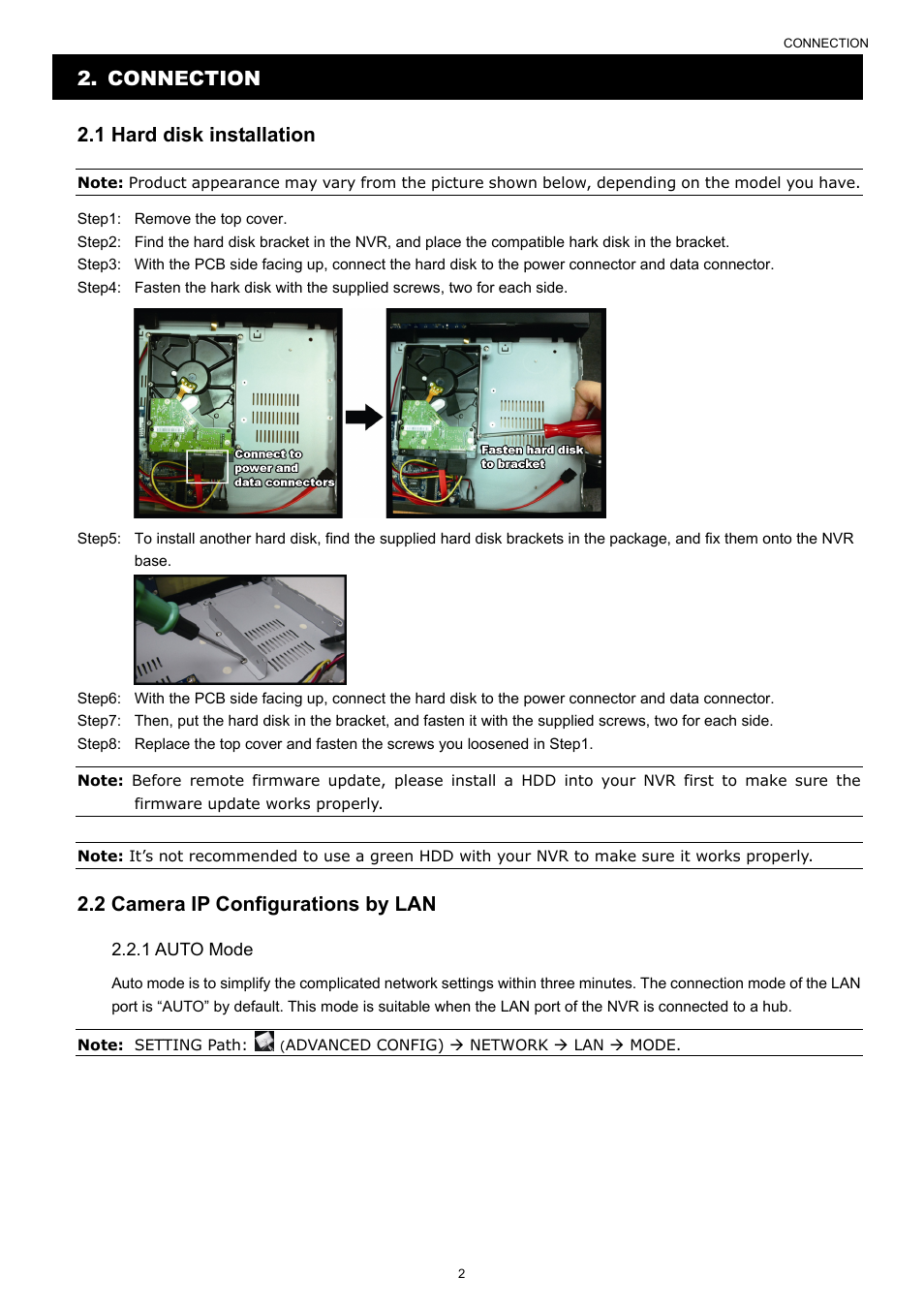 Connection 2.1 hard disk installation, 2 camera ip configurations by lan | Velleman NVR2 User Manual | Page 8 / 314