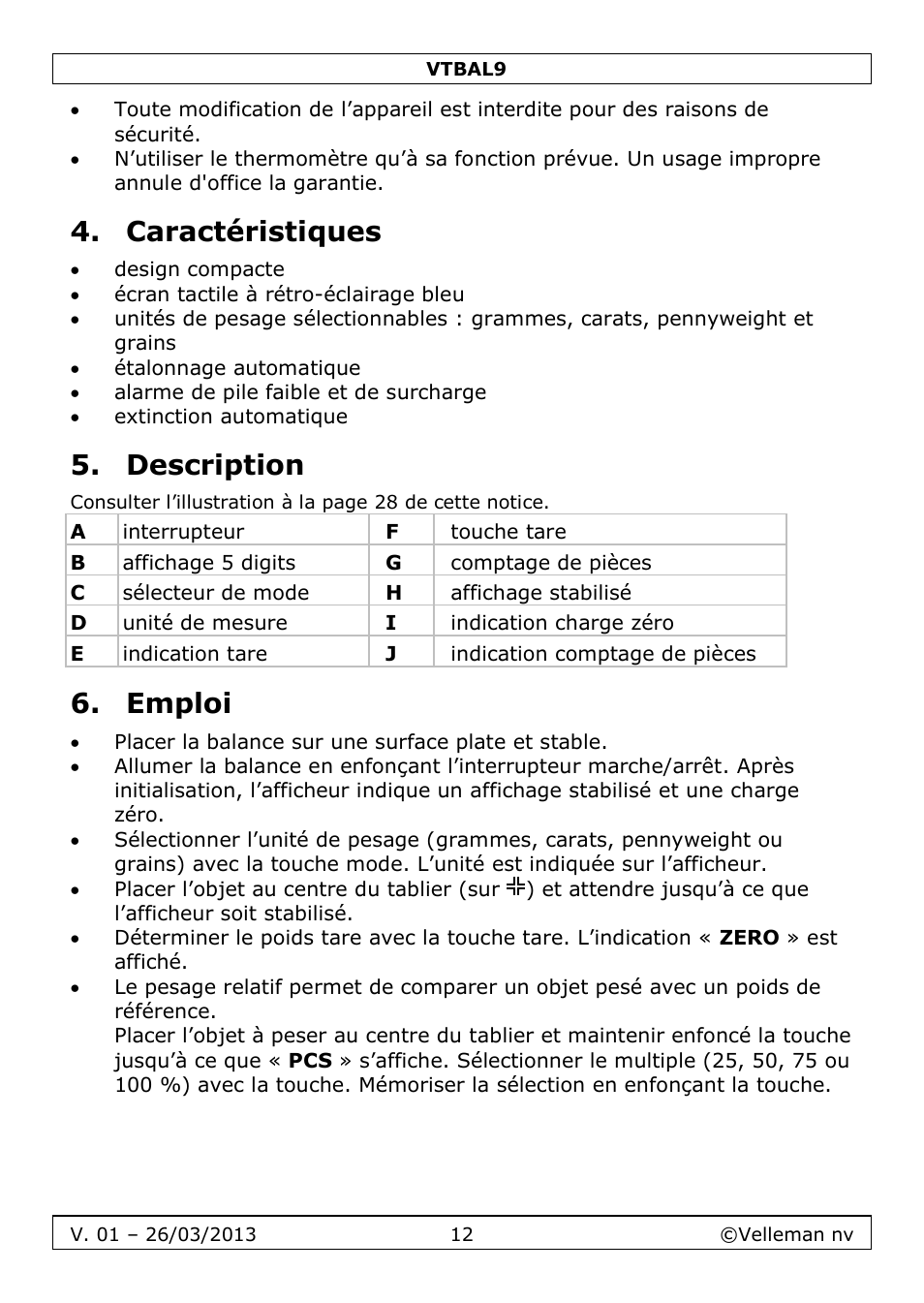 Caractéristiques, Description, Emploi | Velleman VTBAL9 User Manual | Page 12 / 34