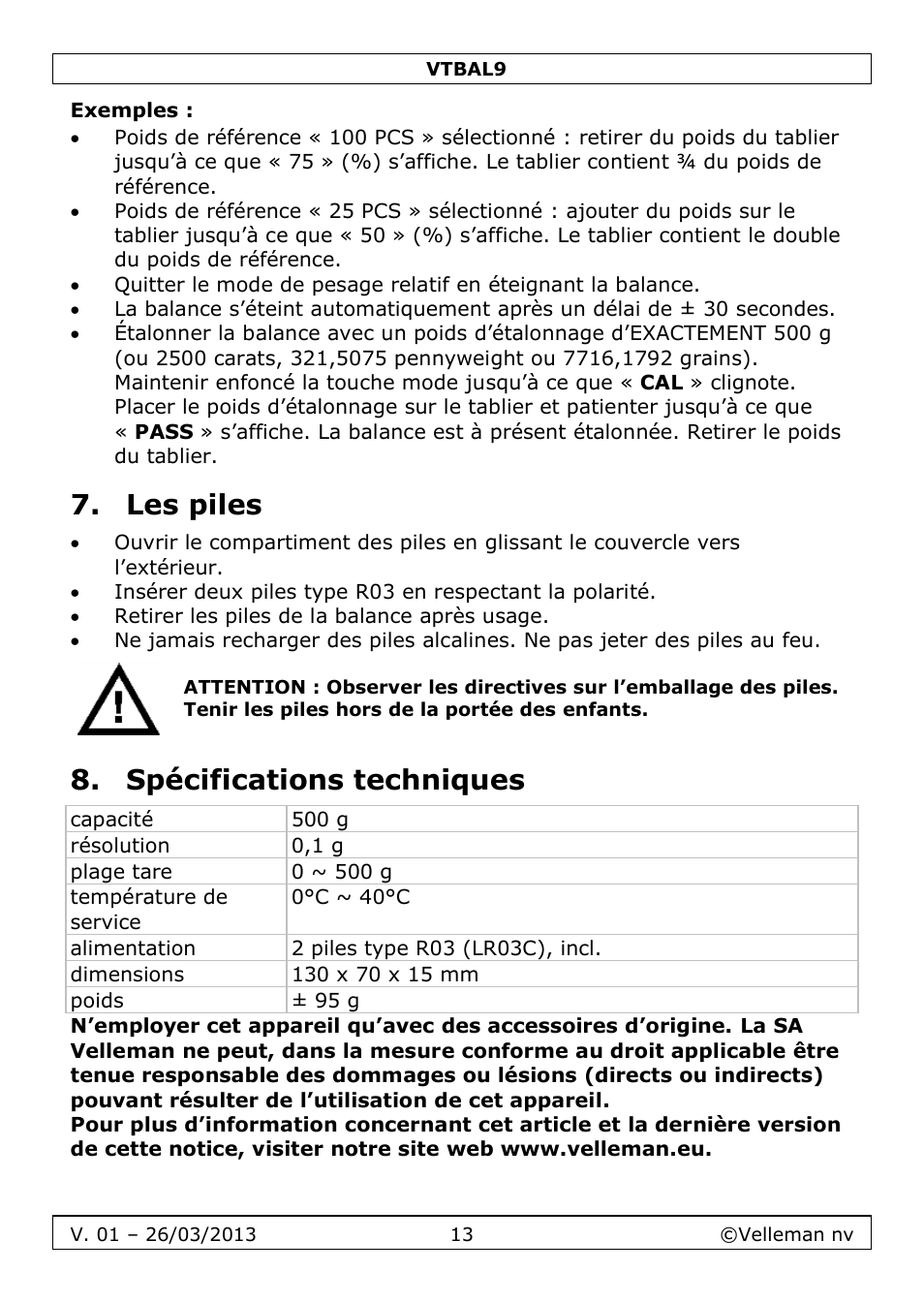 Exemples, Les piles, Spécifications techniques | Velleman VTBAL9 User Manual | Page 13 / 34