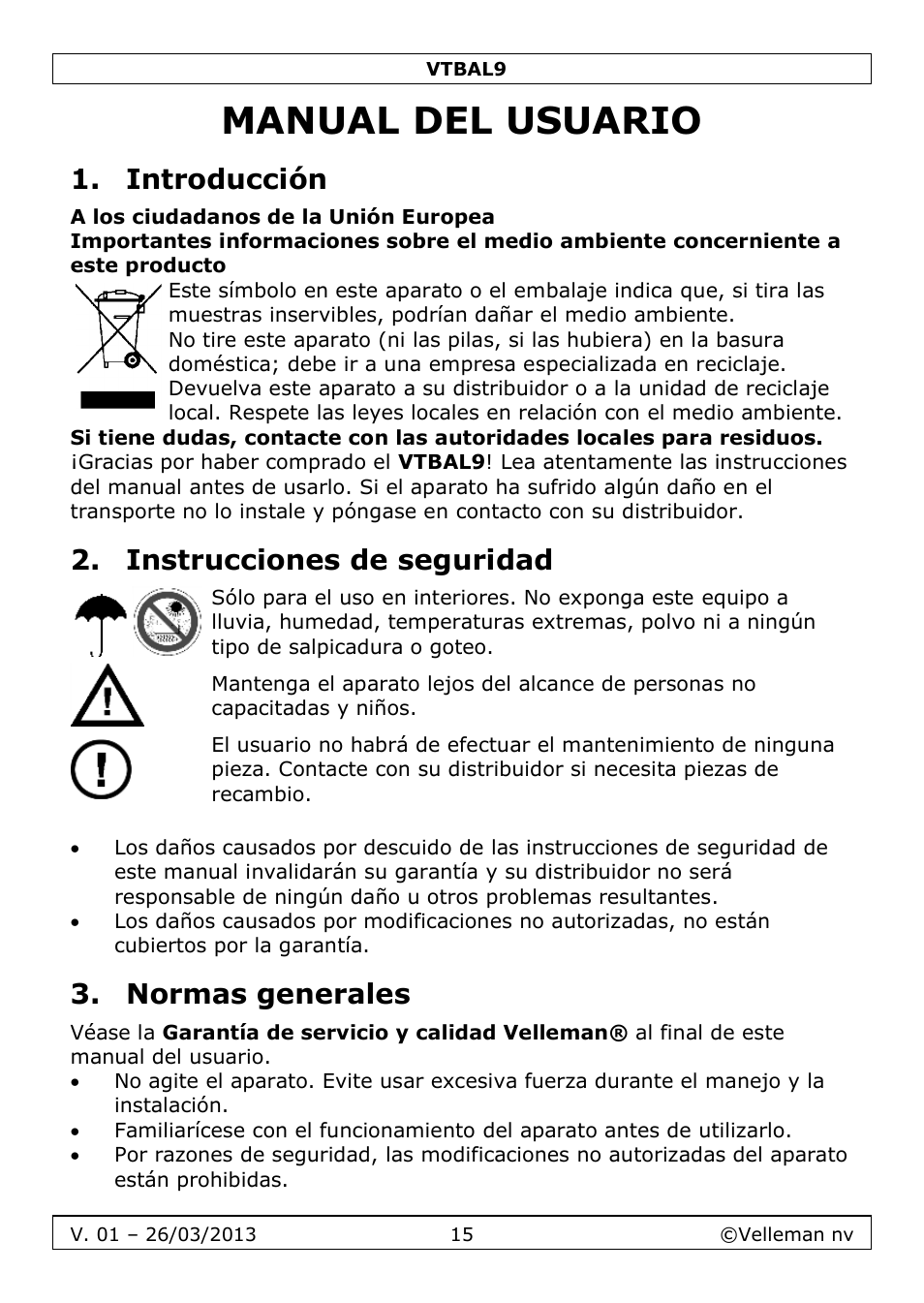 Manual del usuario, Introducción, Instrucciones de seguridad | Normas generales | Velleman VTBAL9 User Manual | Page 15 / 34