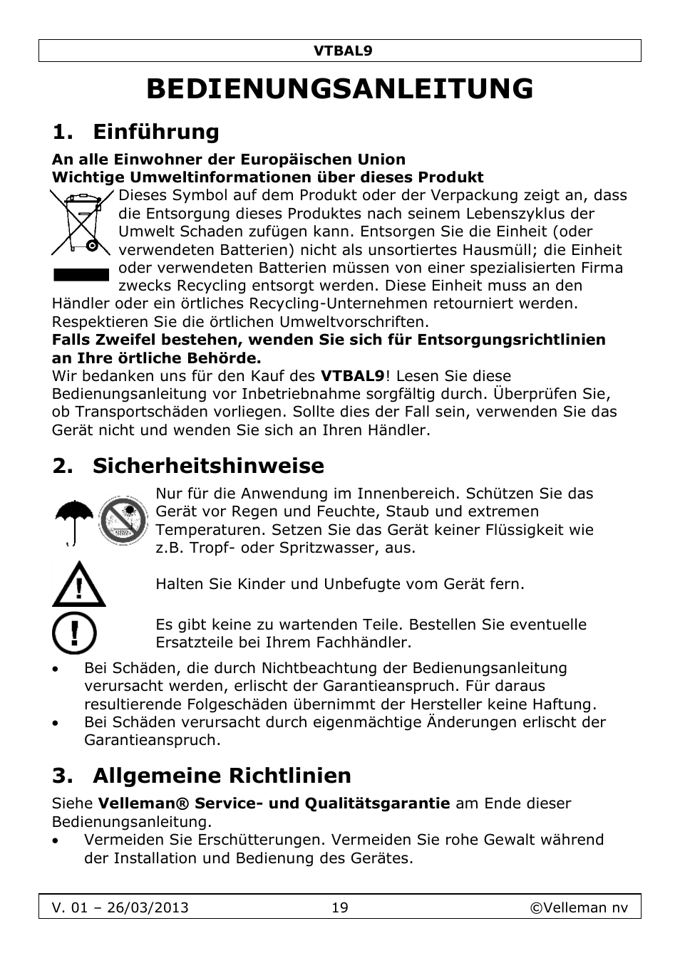 Bedienungsanleitung, Einführung, Sicherheitshinweise | Allgemeine richtlinien | Velleman VTBAL9 User Manual | Page 19 / 34