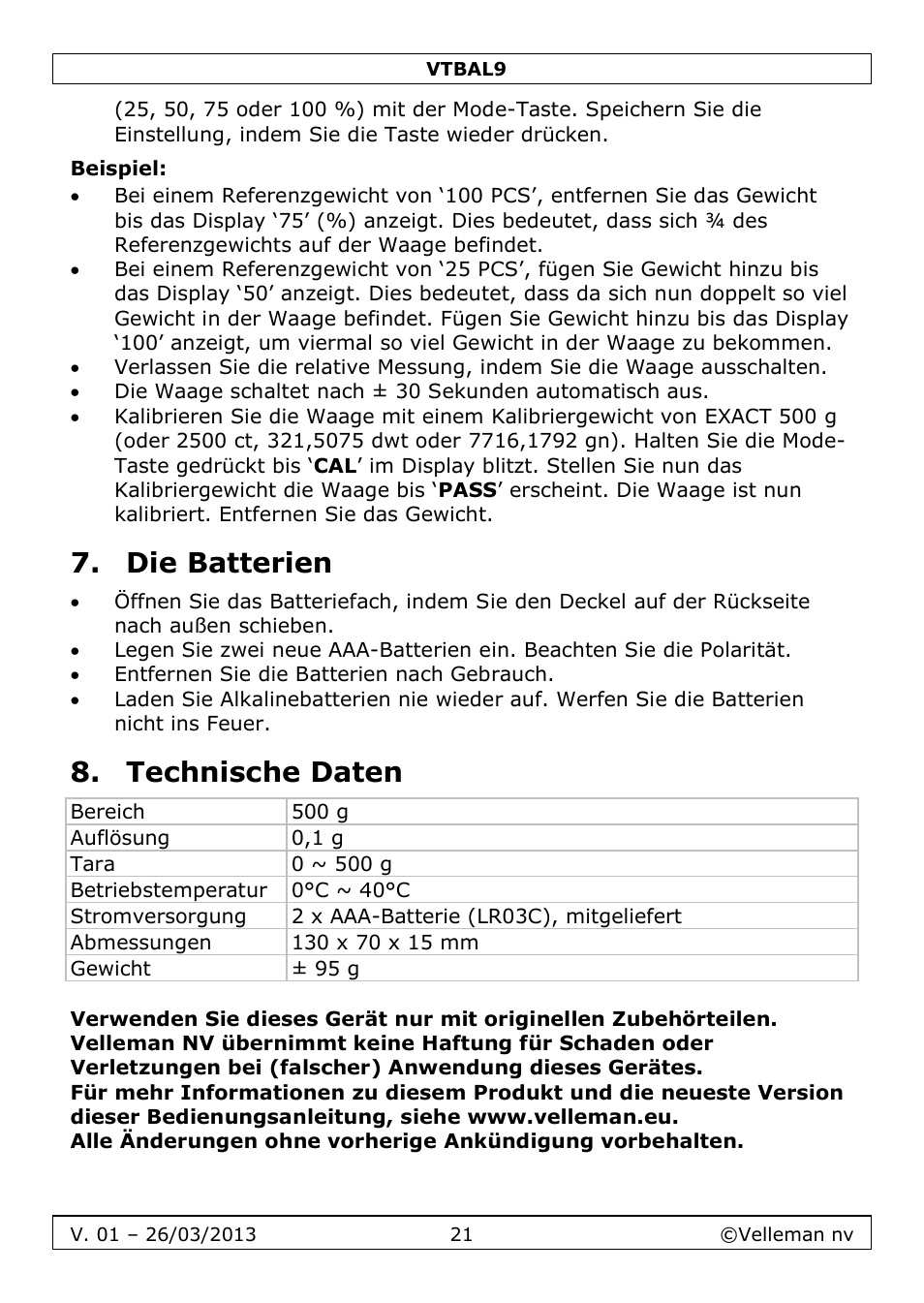 Beispiel, Die batterien, Technische daten | Velleman VTBAL9 User Manual | Page 21 / 34