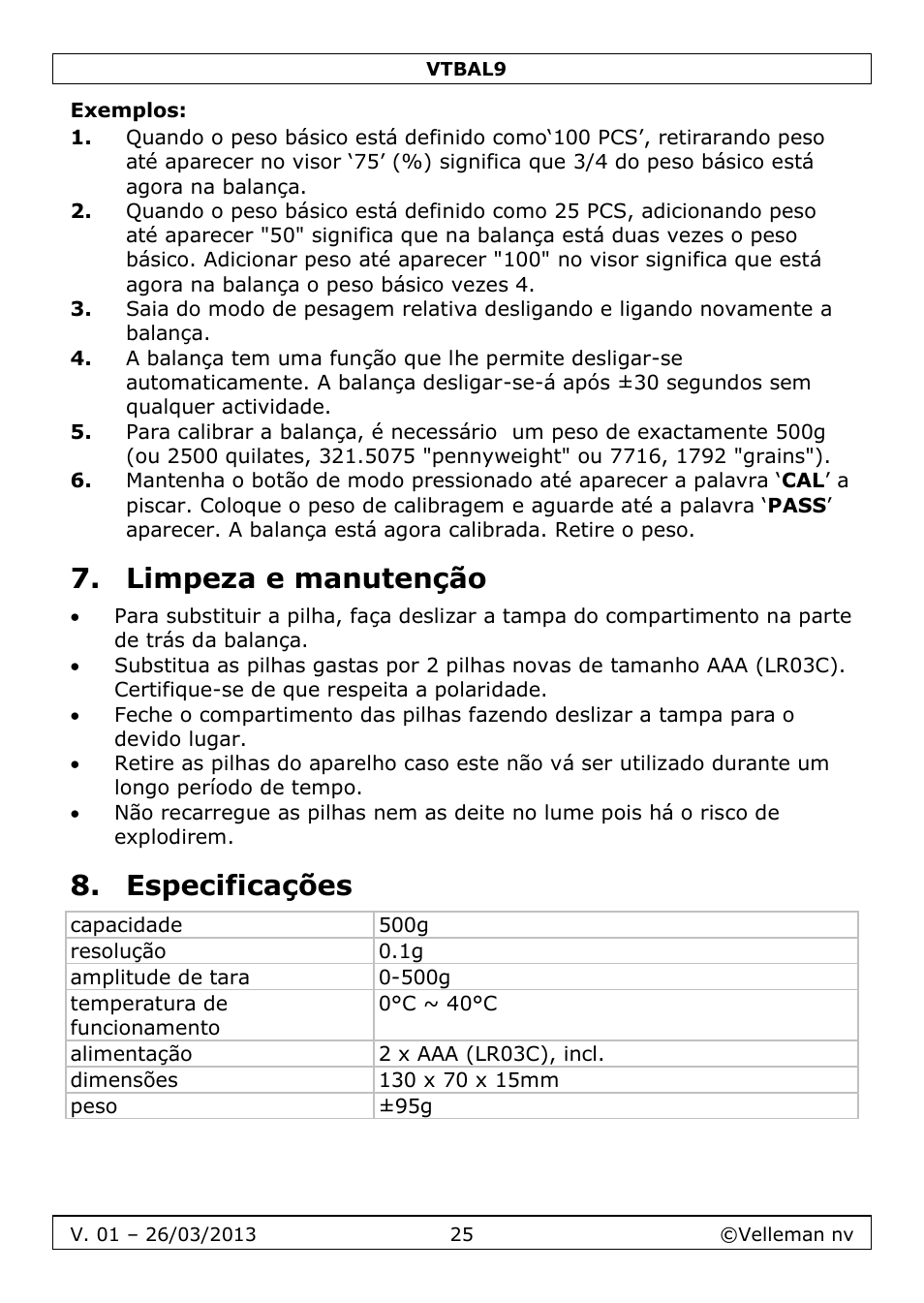 Exemplos, Limpeza e manutenção, Especificações | Velleman VTBAL9 User Manual | Page 25 / 34