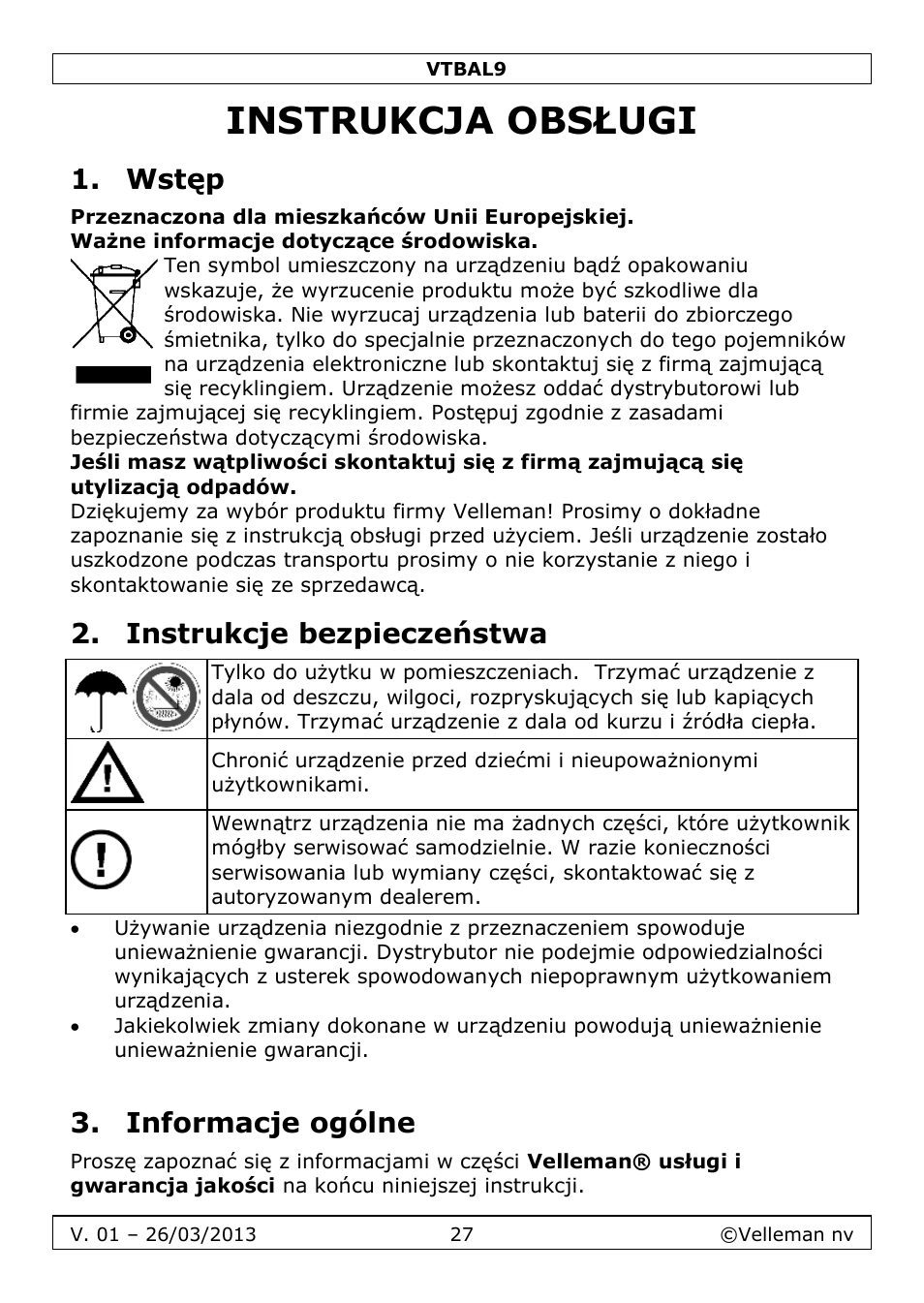 Instrukcja obsługi, Wstęp, Instrukcje bezpieczeństwa | Informacje ogólne | Velleman VTBAL9 User Manual | Page 27 / 34