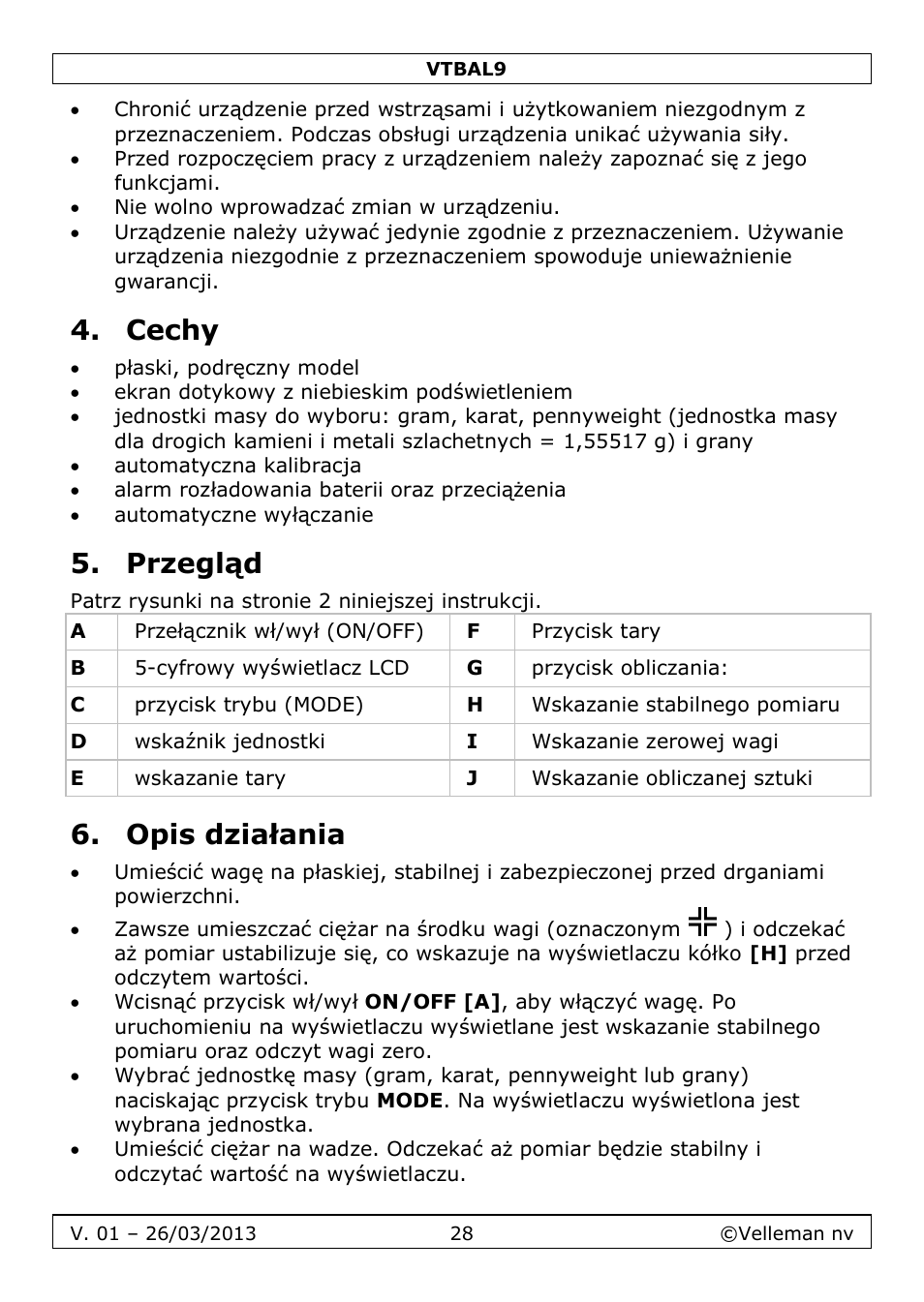 Cechy, Przegląd, Opis działania | Velleman VTBAL9 User Manual | Page 28 / 34