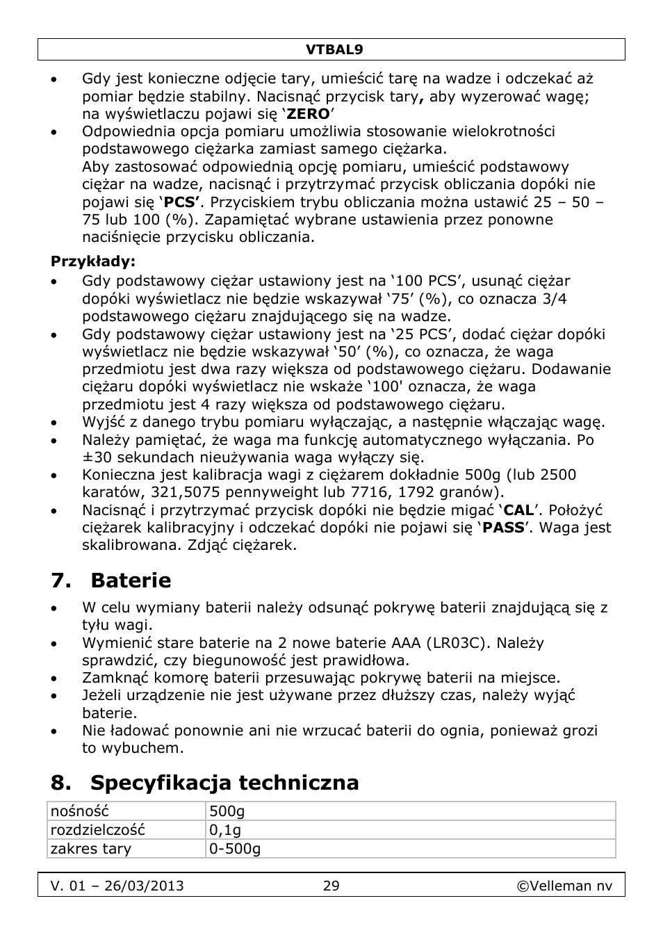 Przykłady, Baterie, Specyfikacja techniczna | Velleman VTBAL9 User Manual | Page 29 / 34