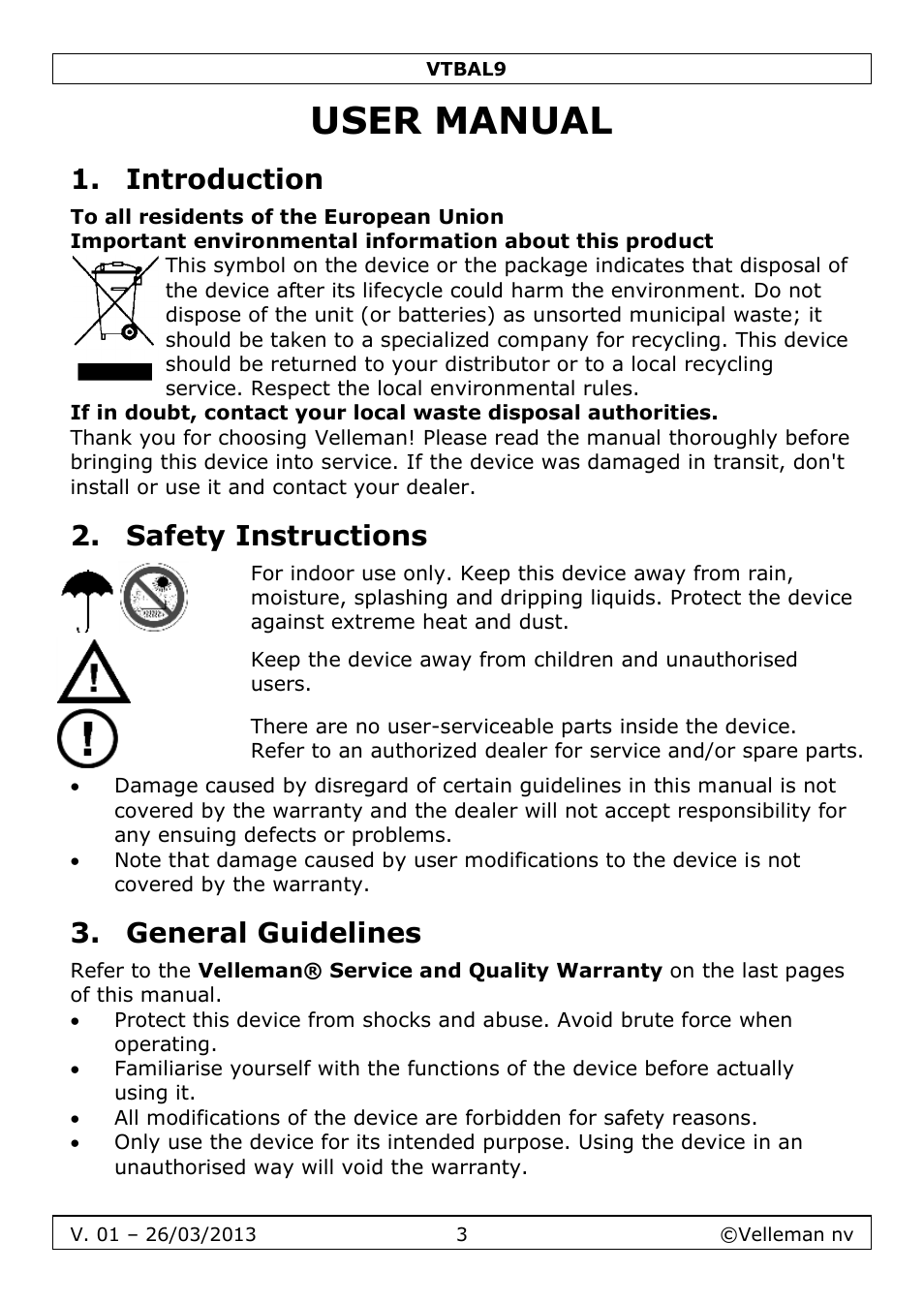 User manual, Introduction, Safety instructions | General guidelines | Velleman VTBAL9 User Manual | Page 3 / 34