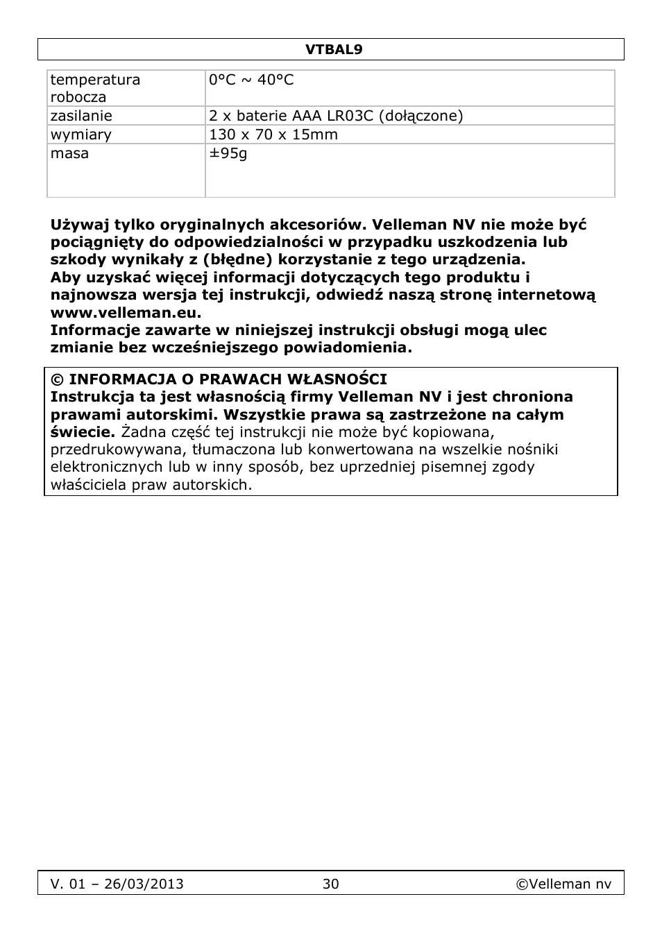 Velleman VTBAL9 User Manual | Page 30 / 34