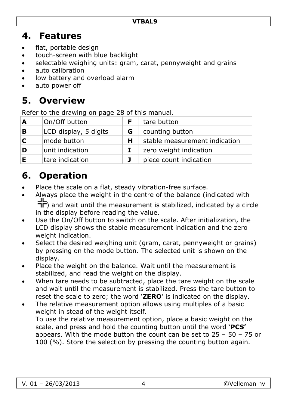 Features, Overview, Operation | Velleman VTBAL9 User Manual | Page 4 / 34