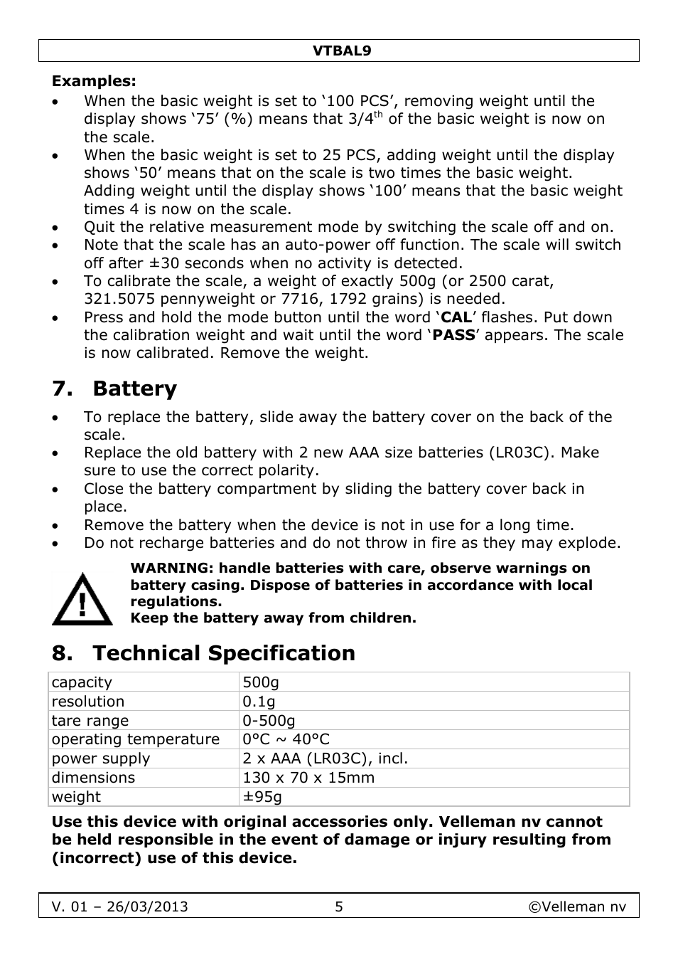 Examples, Battery, Technical specification | Velleman VTBAL9 User Manual | Page 5 / 34