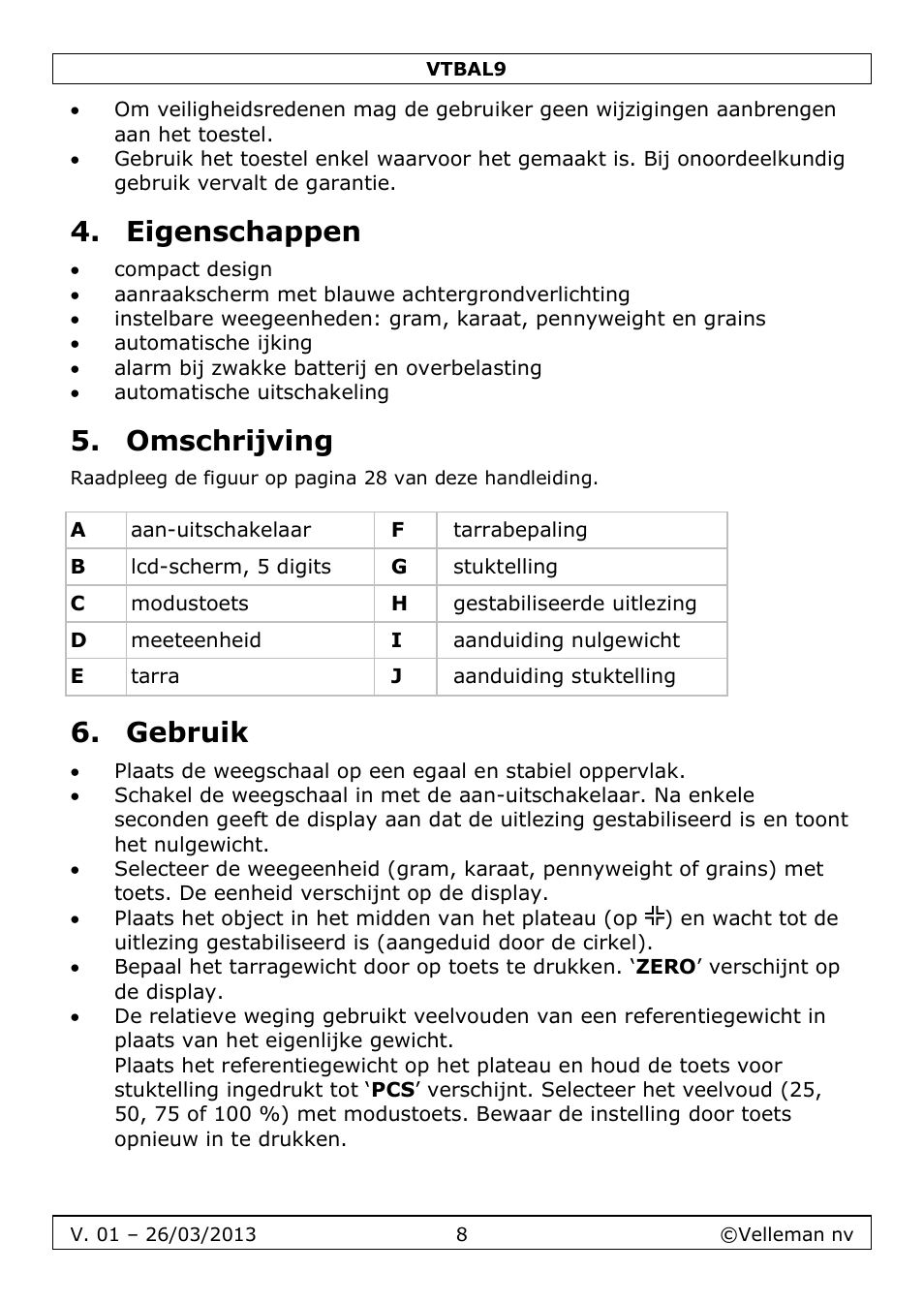 Eigenschappen, Omschrijving, Gebruik | Velleman VTBAL9 User Manual | Page 8 / 34