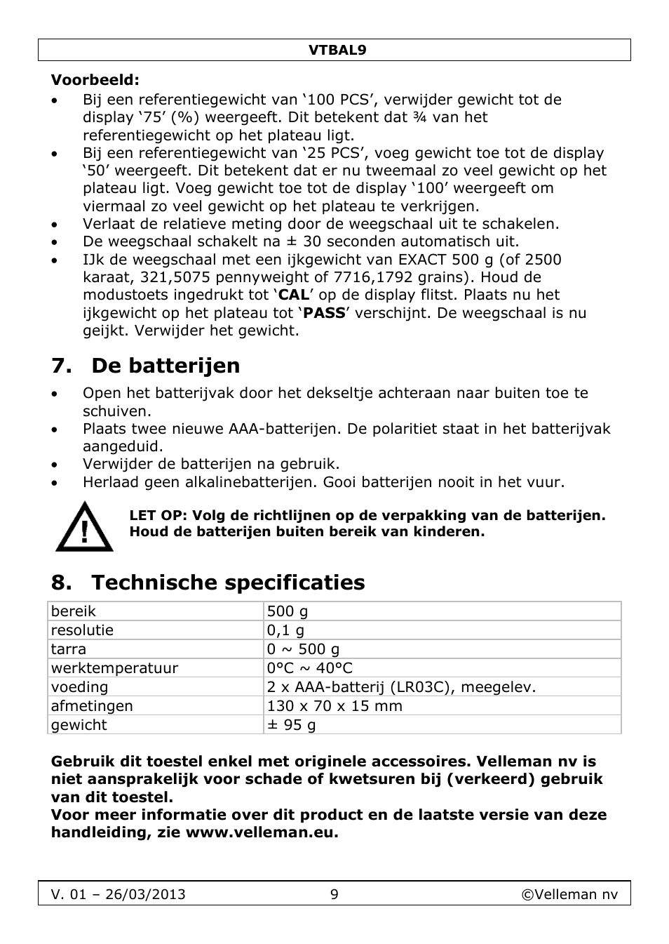 Voorbeeld, De batterijen, Technische specificaties | Velleman VTBAL9 User Manual | Page 9 / 34