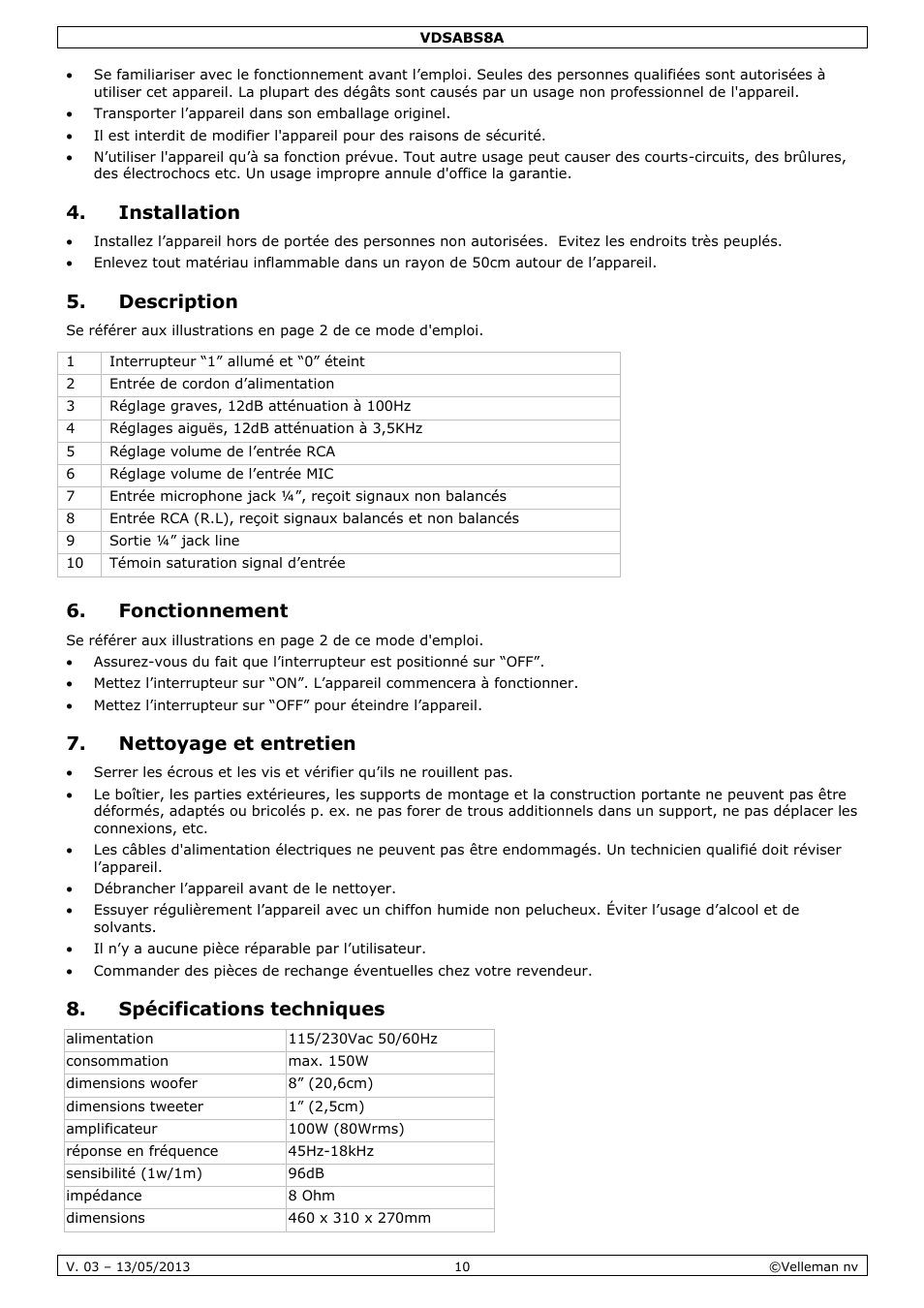 Installation, Description, Fonctionnement | Nettoyage et entretien, Spécifications techniques | Velleman VDSABS8A User Manual | Page 10 / 19