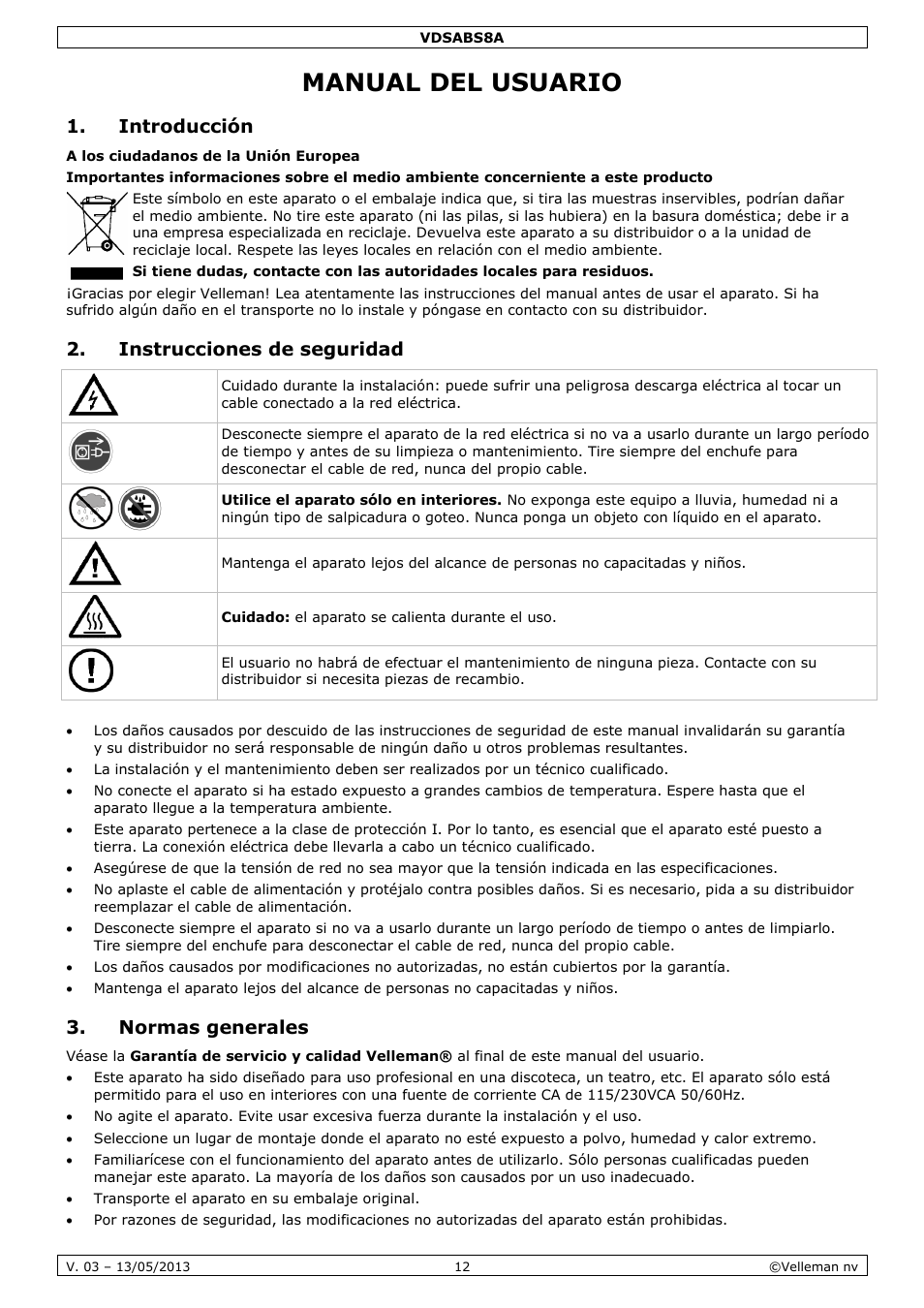 Manual del usuario, Introducción, Instrucciones de seguridad | Normas generales | Velleman VDSABS8A User Manual | Page 12 / 19