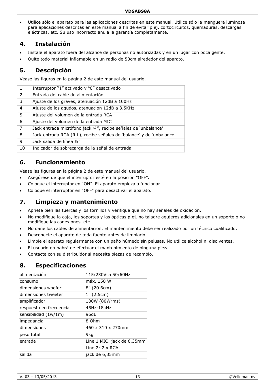 Instalación, Descripción, Funcionamiento | Limpieza y mantenimiento, Especificaciones | Velleman VDSABS8A User Manual | Page 13 / 19