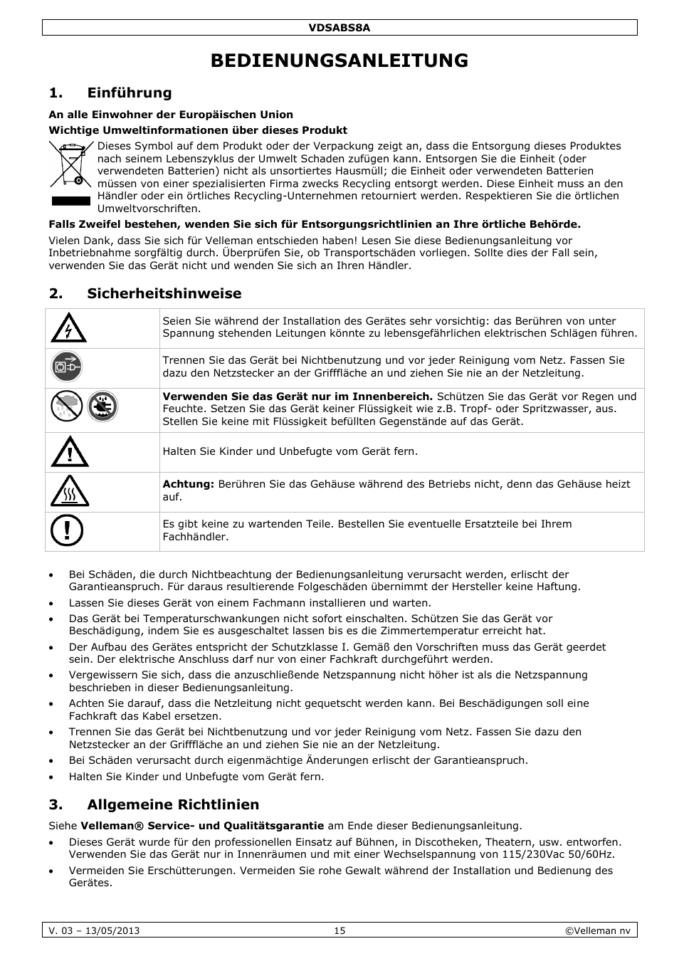 Bedienungsanleitung, Einführung, Sicherheitshinweise | Allgemeine richtlinien | Velleman VDSABS8A User Manual | Page 15 / 19