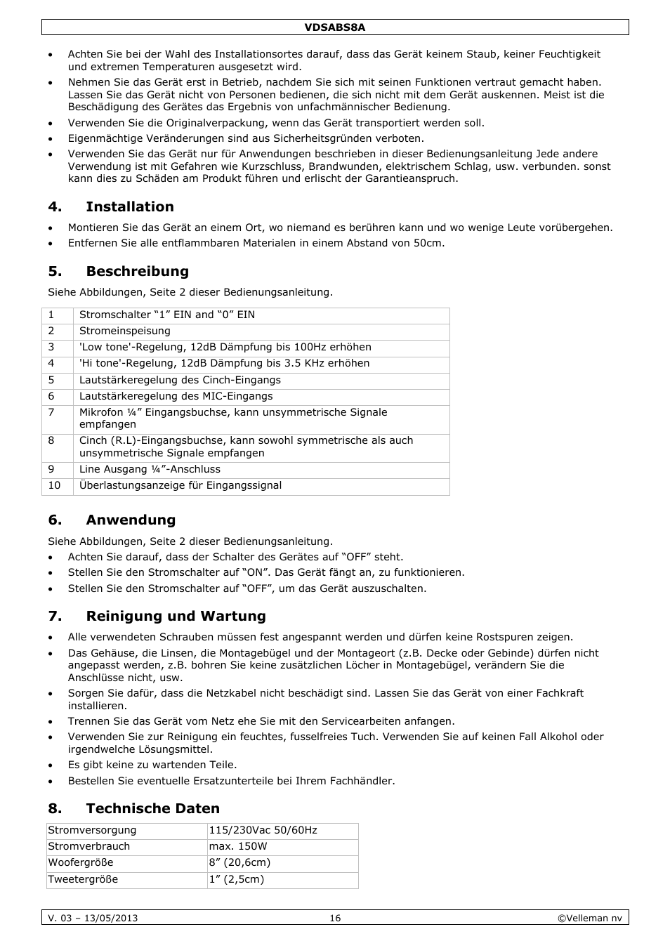 Installation, Beschreibung, Anwendung | Reinigung und wartung, Technische daten | Velleman VDSABS8A User Manual | Page 16 / 19