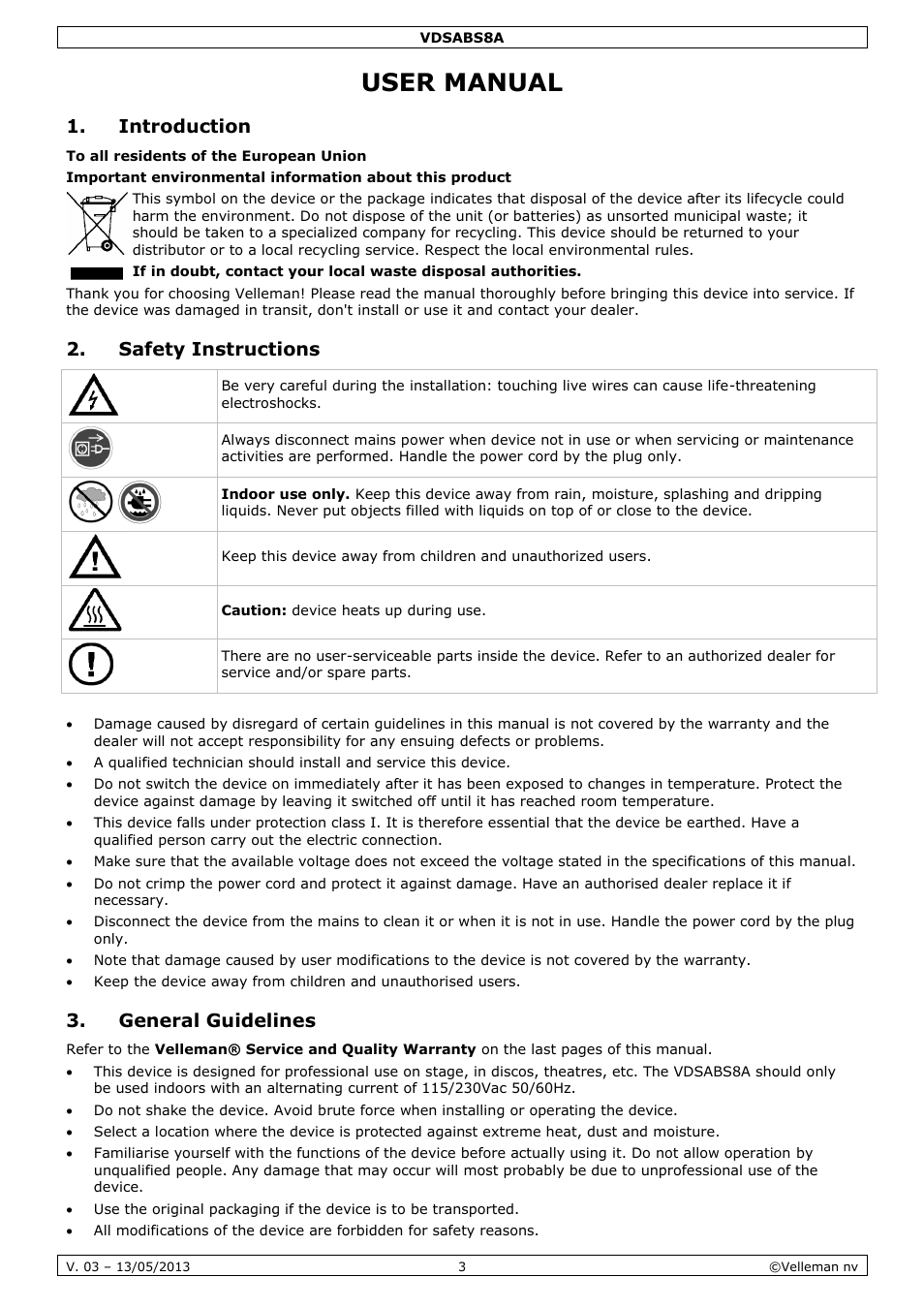 User manual, Introduction, Safety instructions | General guidelines | Velleman VDSABS8A User Manual | Page 3 / 19