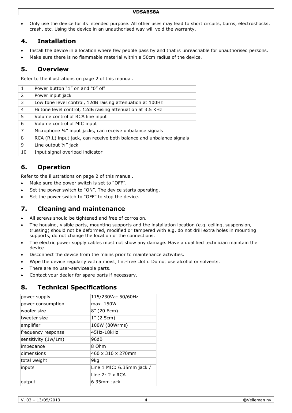 Installation, Overview, Operation | Cleaning and maintenance, Technical specifications | Velleman VDSABS8A User Manual | Page 4 / 19