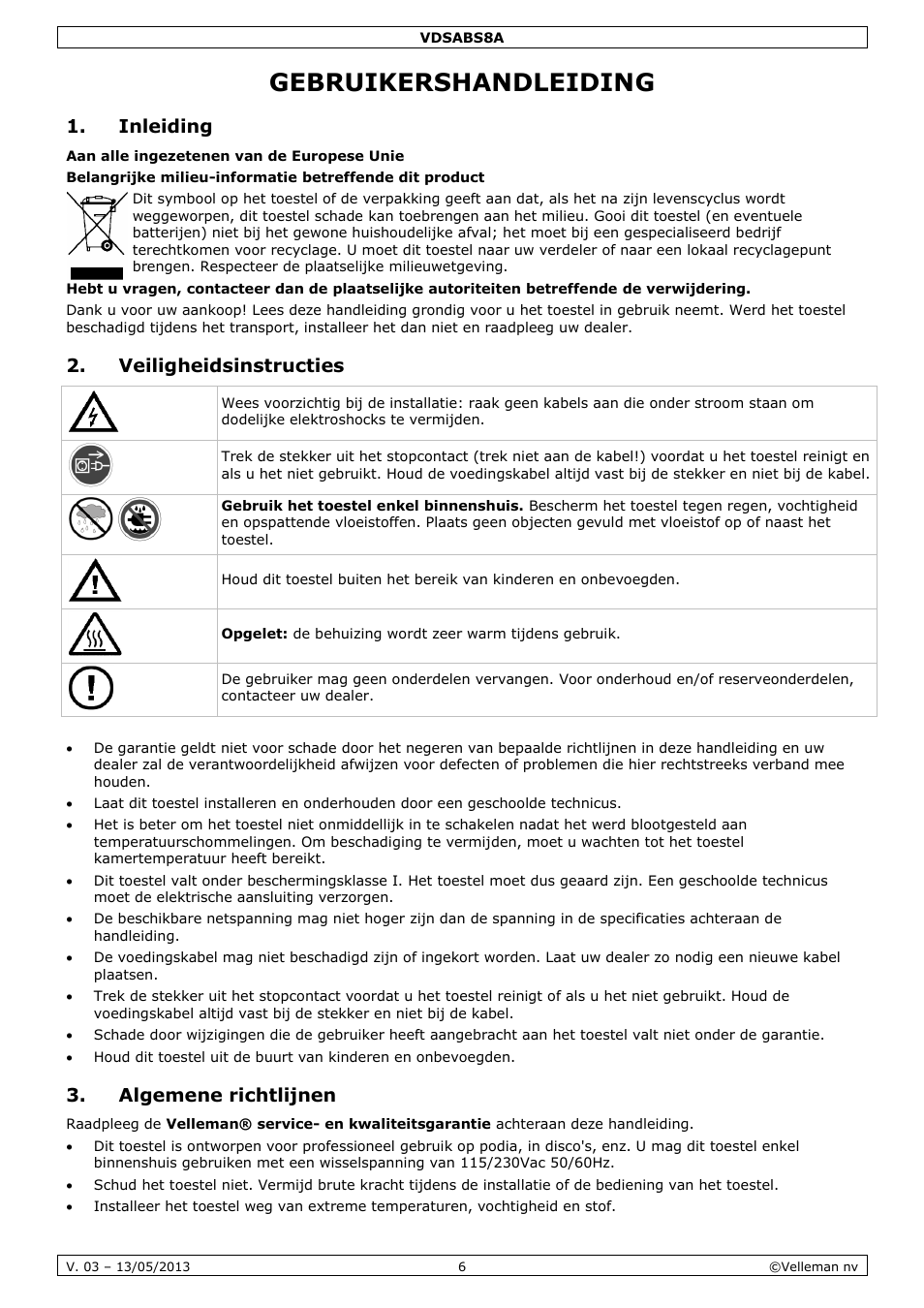 Gebruikershandleiding, Inleiding, Veiligheidsinstructies | Algemene richtlijnen | Velleman VDSABS8A User Manual | Page 6 / 19