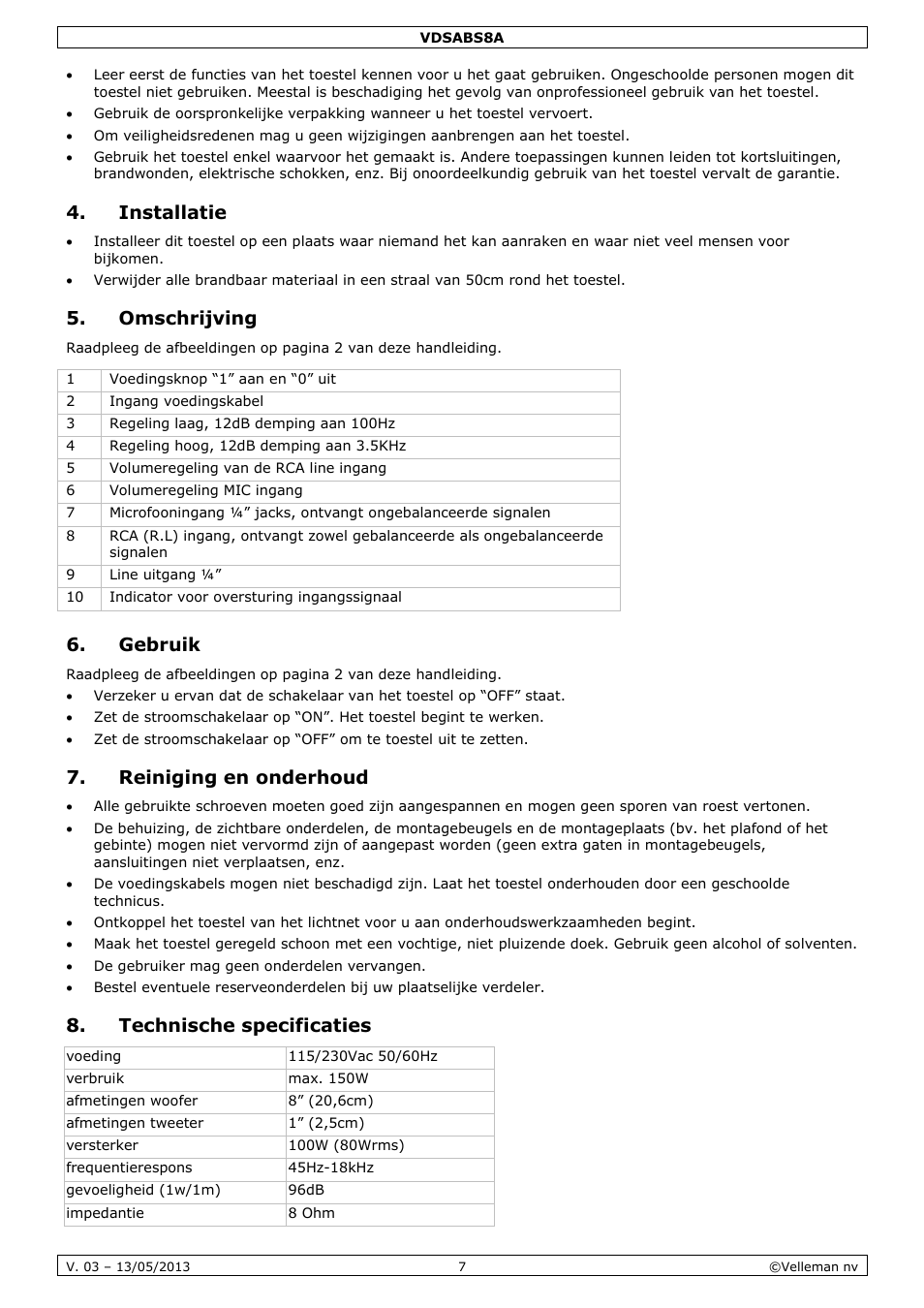 Installatie, Omschrijving, Gebruik | Reiniging en onderhoud, Technische specificaties | Velleman VDSABS8A User Manual | Page 7 / 19