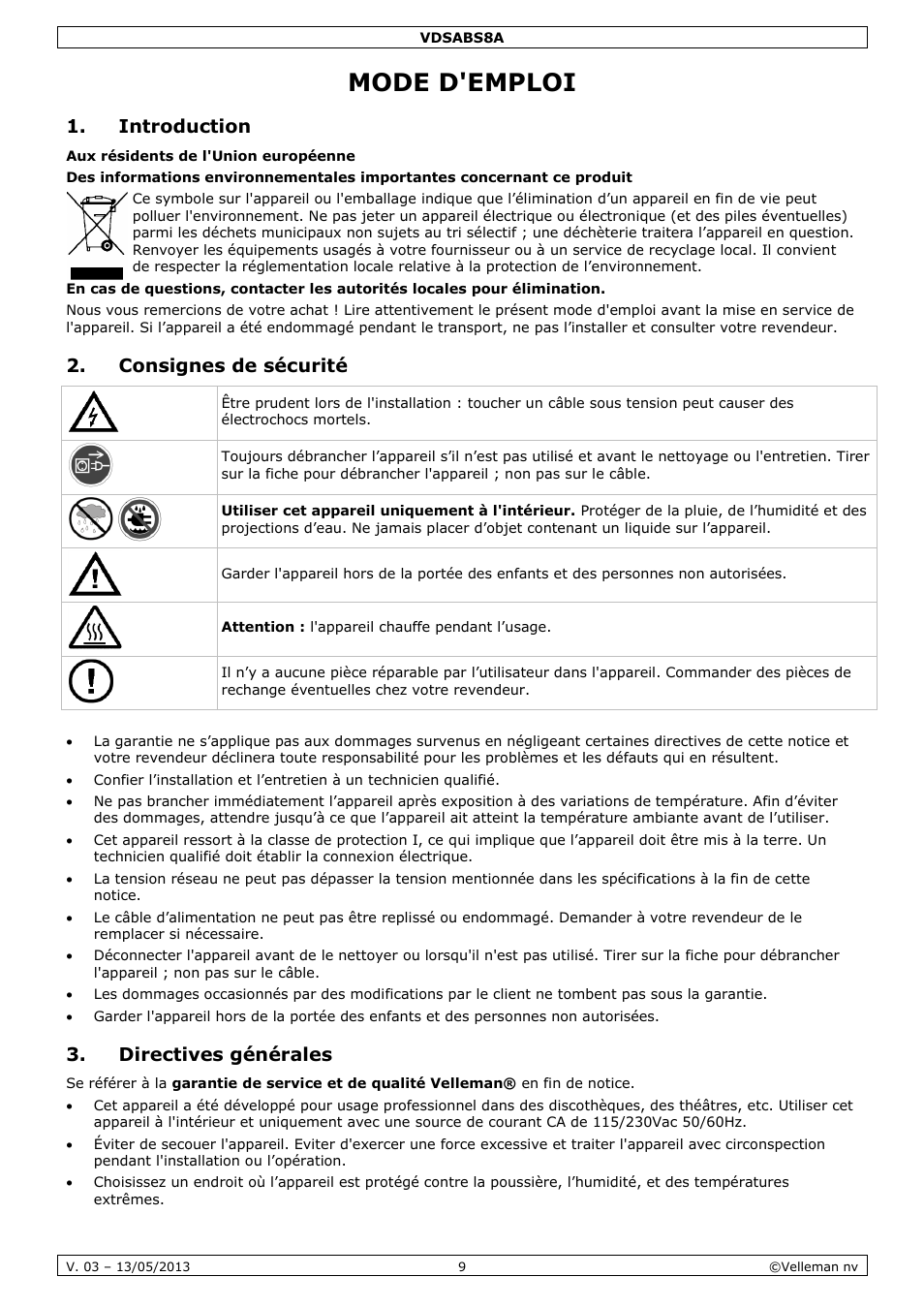 Mode d'emploi, Introduction, Consignes de sécurité | Directives générales | Velleman VDSABS8A User Manual | Page 9 / 19