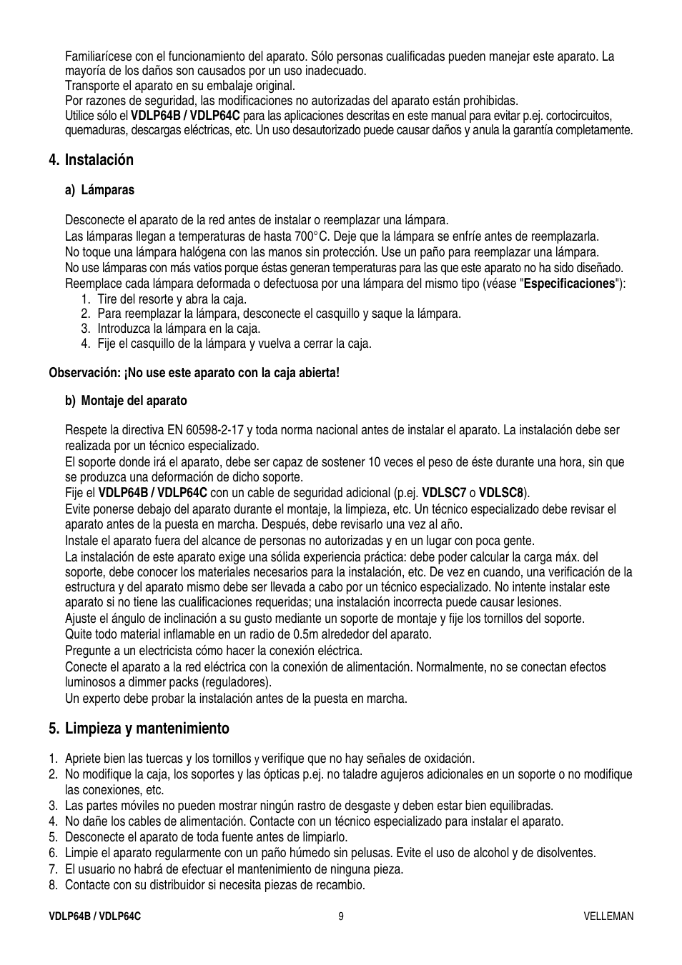 Instalación, Limpieza y mantenimiento | Velleman VDLP64B_C User Manual | Page 9 / 12