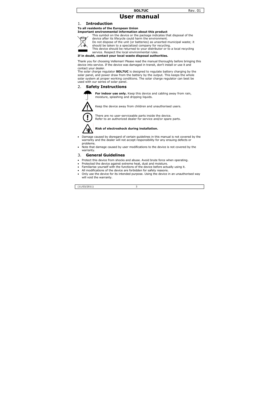 User manual | Velleman SOL7UC User Manual | Page 3 / 15