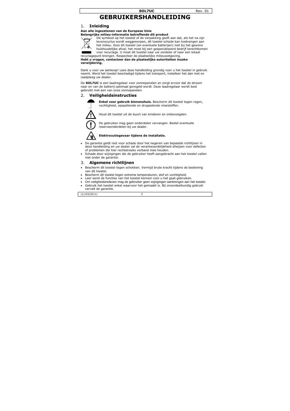 Gebruikershandleiding | Velleman SOL7UC User Manual | Page 5 / 15