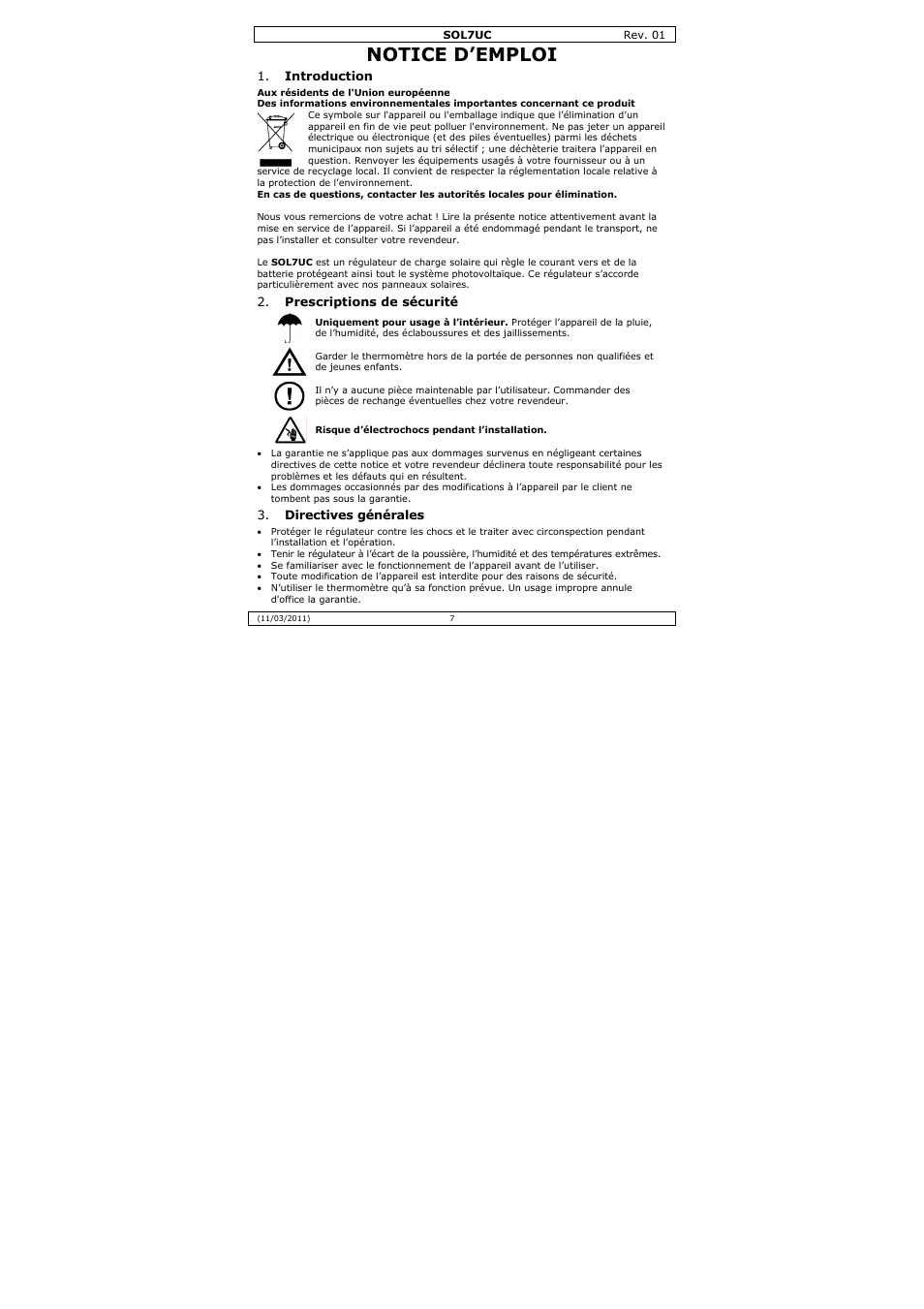 Notice d’emploi | Velleman SOL7UC User Manual | Page 7 / 15