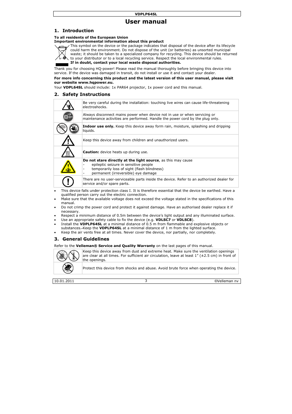 User m, Anual | Velleman VDPLP64SL User Manual | Page 3 / 33