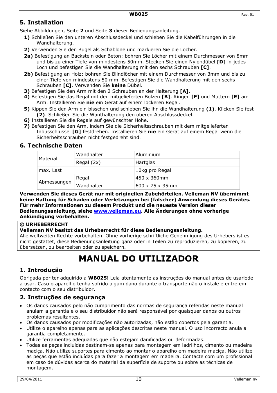 Manual do utilizador | Velleman WB025 User Manual | Page 10 / 13