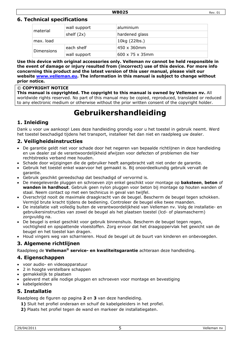 Gebruikershandleiding | Velleman WB025 User Manual | Page 5 / 13