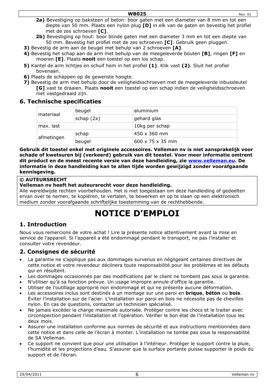 Notice d'emploi, Notice d’emploi | Velleman WB025 User Manual | Page 6 / 13