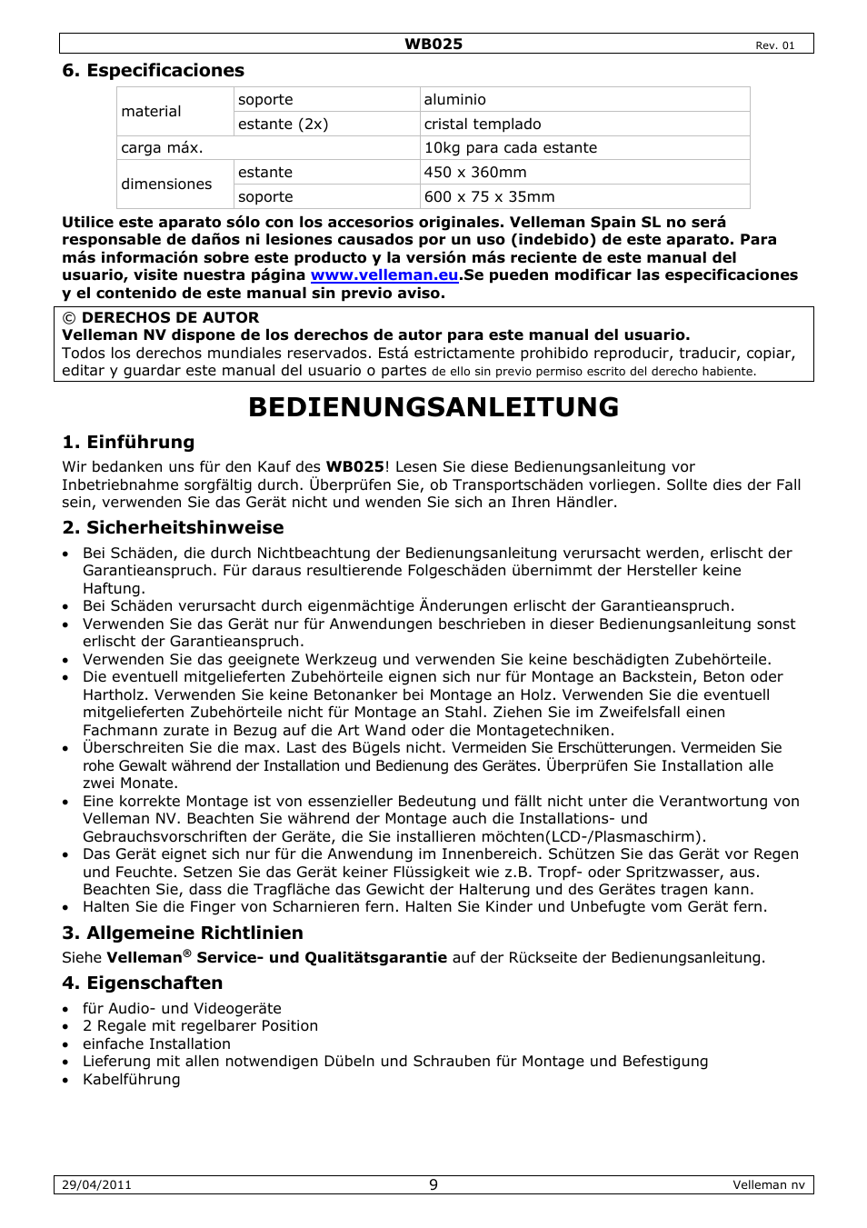 Bedienungsanleitung | Velleman WB025 User Manual | Page 9 / 13