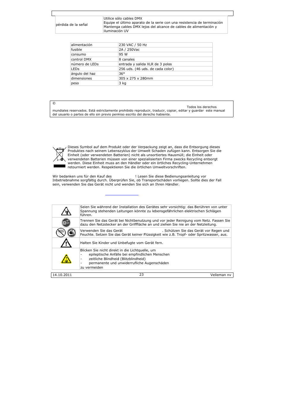 Bedienungsanleitung, Dienungs, Sanleitun | Velleman VDPL300ME User Manual | Page 23 / 30