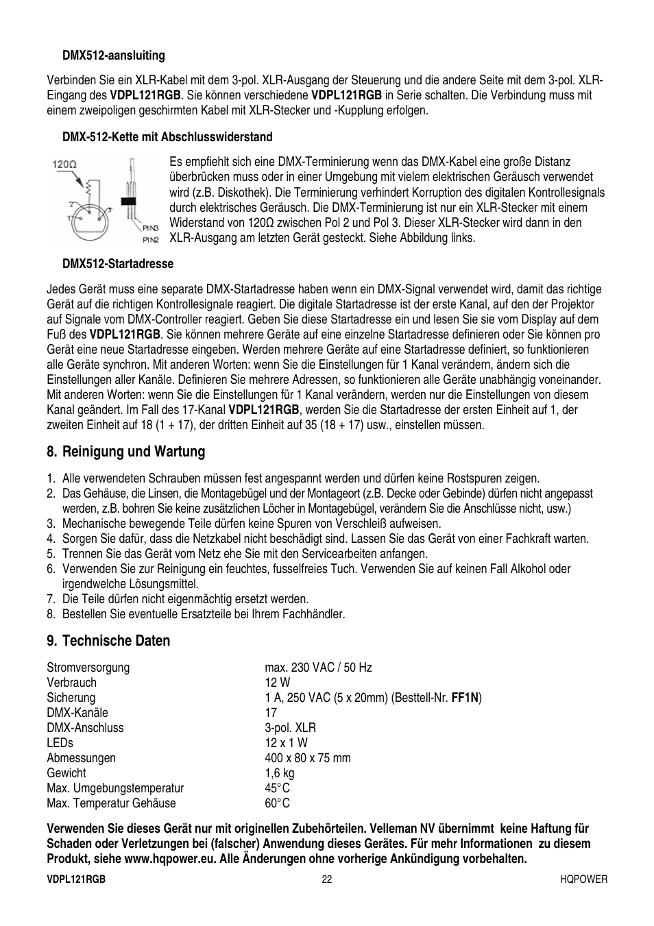 Reinigung und wartung, Technische daten | Velleman VDPL121RGB User Manual | Page 22 / 22