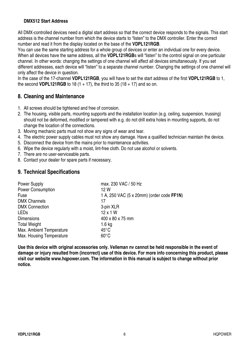 Velleman VDPL121RGB User Manual | Page 6 / 22