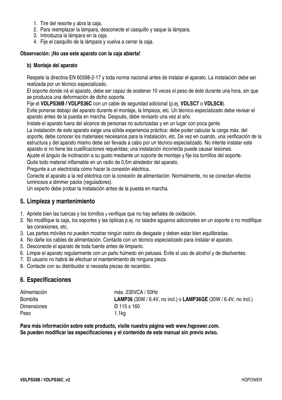 Limpieza y mantenimiento, Especificaciones | Velleman VDLPS36C User Manual | Page 11 / 14
