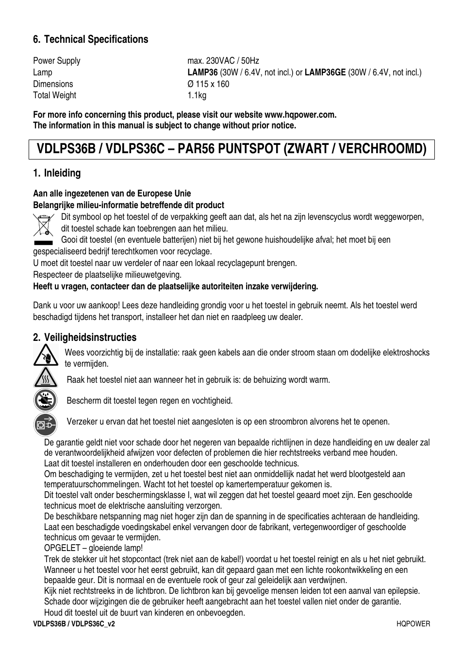Technical specifications, Inleiding, Veiligheidsinstructies | Velleman VDLPS36C User Manual | Page 5 / 14