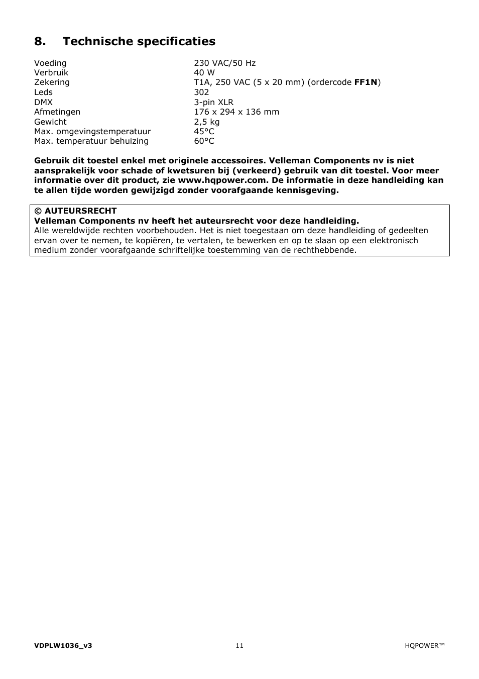 Technische specificaties | Velleman VDPLW1036 User Manual | Page 11 / 28