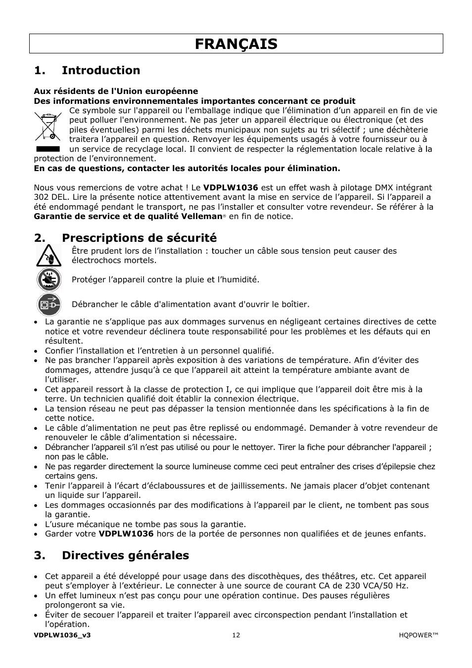 Rança, Intr, Pres | Dire, Roductio, Scriptio, Ectives, Ons de s, Généra, Sécurité | Velleman VDPLW1036 User Manual | Page 12 / 28