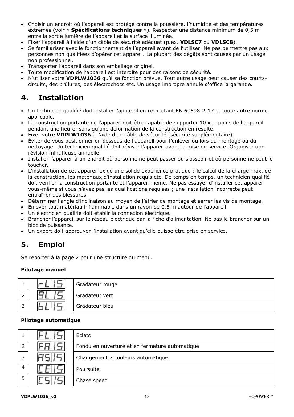 Installation, Emploi | Velleman VDPLW1036 User Manual | Page 13 / 28