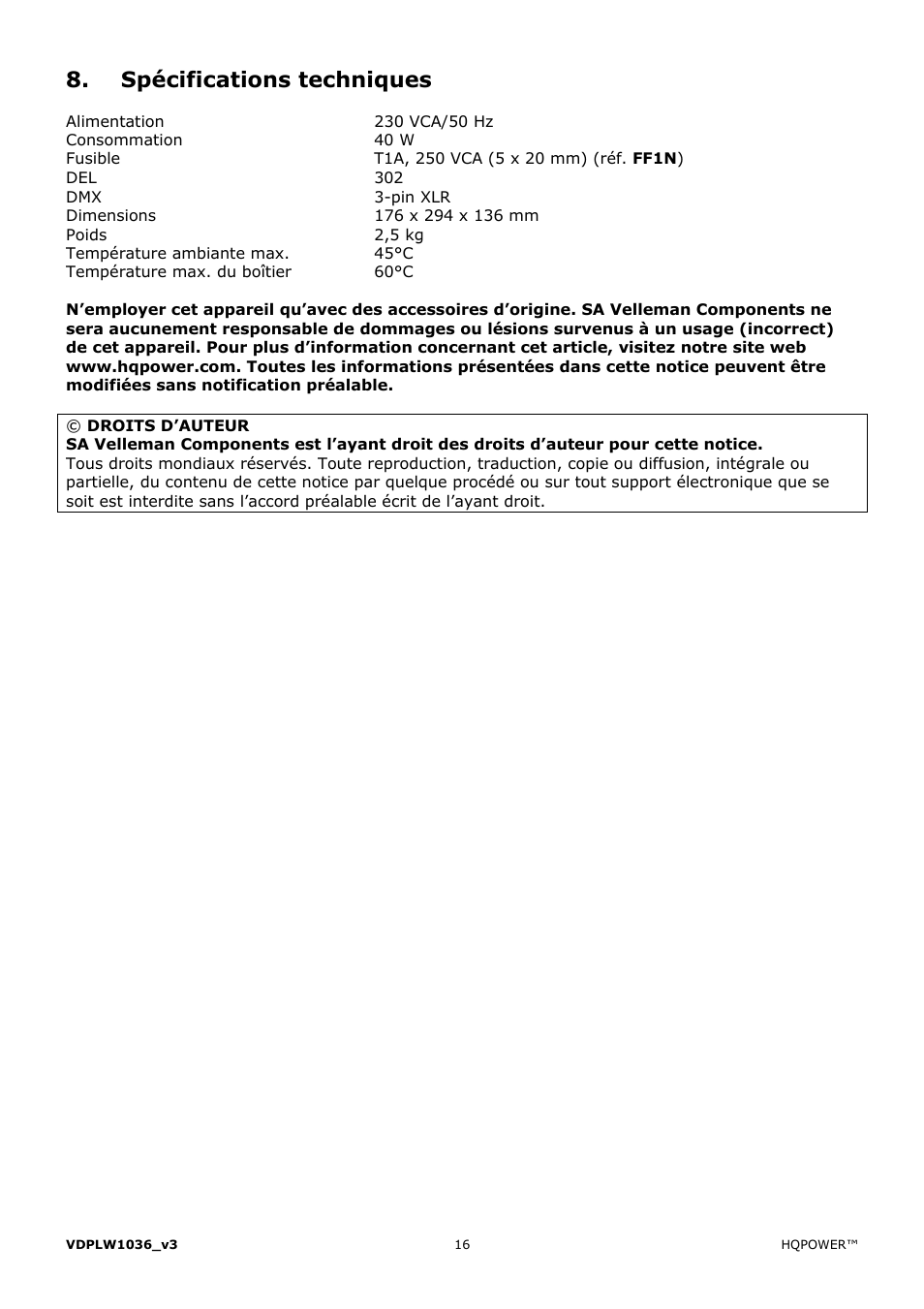 Spécifications techniques | Velleman VDPLW1036 User Manual | Page 16 / 28