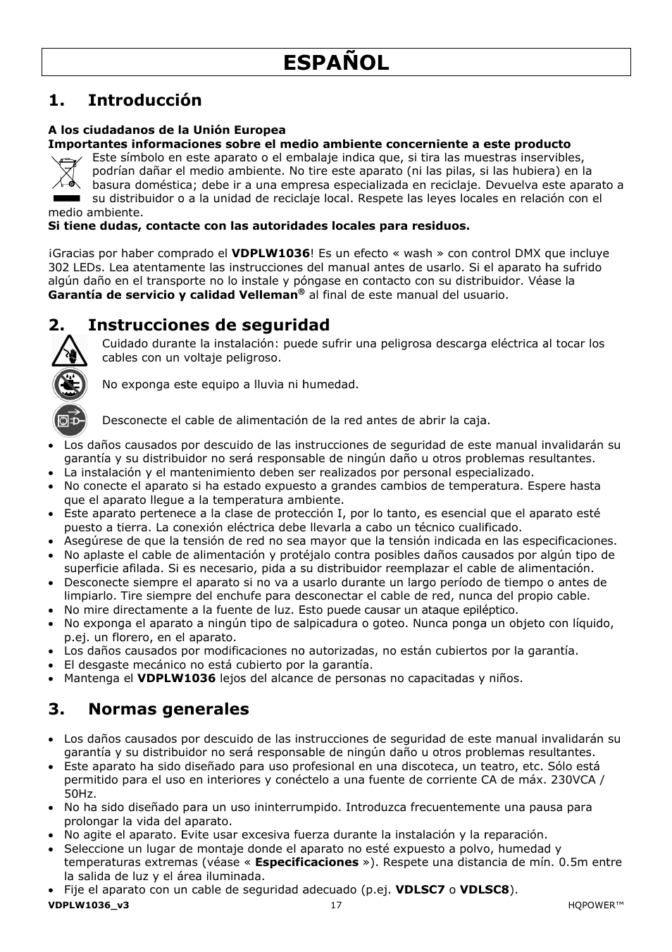 Spaño, Intr, Inst | Roducció, Truccion, Mas ge, Nes de s, Enerales, Segurid | Velleman VDPLW1036 User Manual | Page 17 / 28