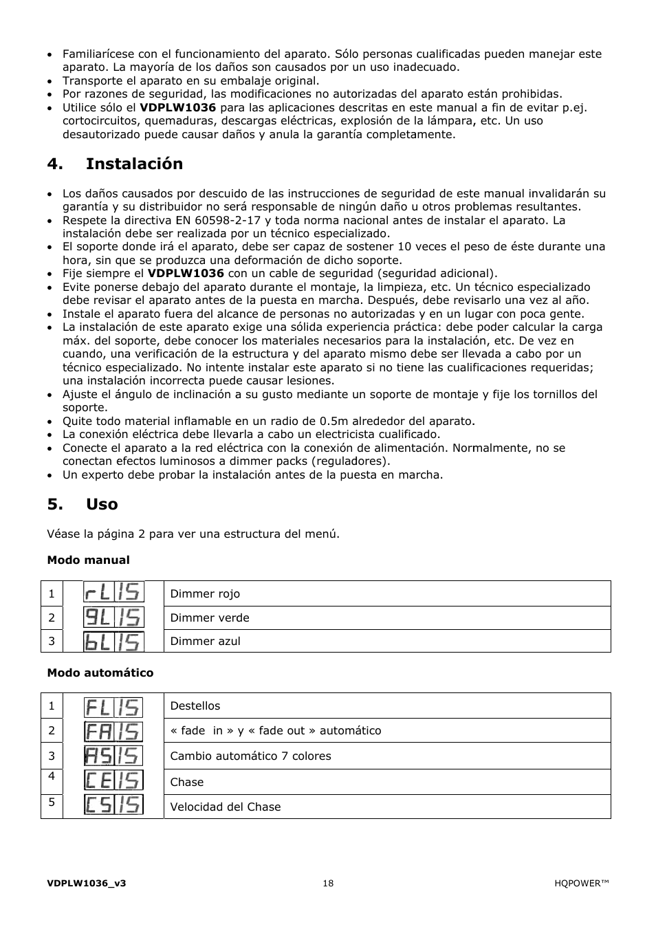 Inst, Talación | Velleman VDPLW1036 User Manual | Page 18 / 28