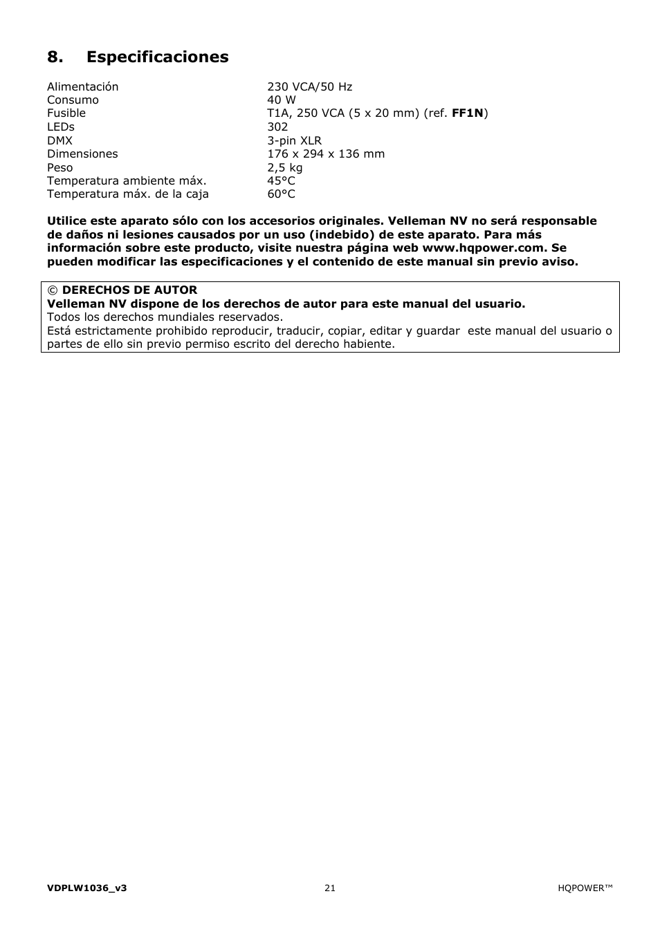 Especificaciones | Velleman VDPLW1036 User Manual | Page 21 / 28