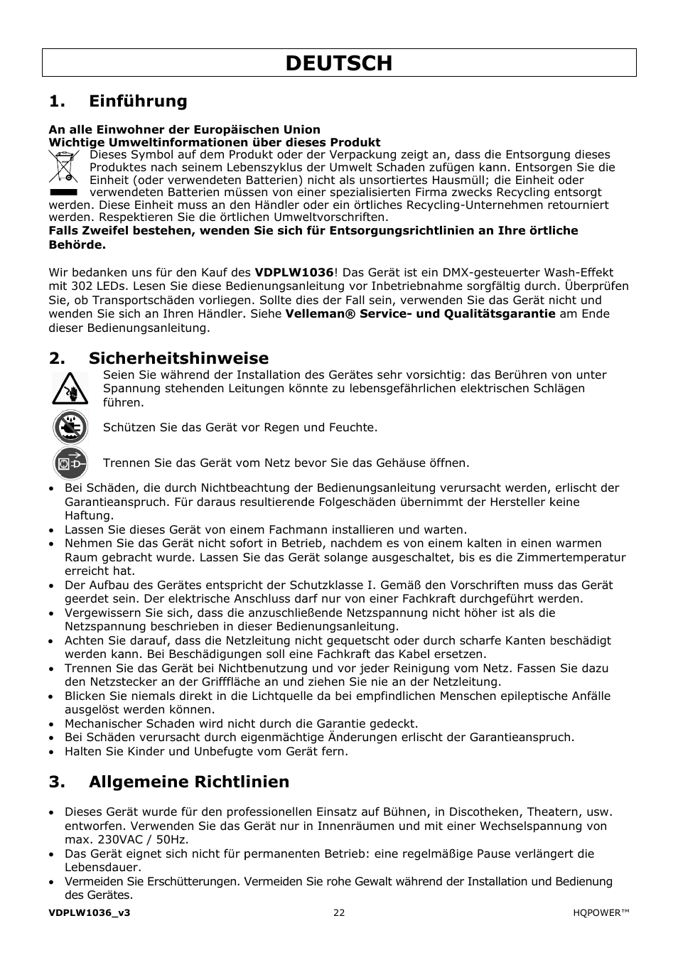 Eutsc, Einf, Sich | Allg, Führung, Herheits, Emeine, Shinwei, E richtl, Inien | Velleman VDPLW1036 User Manual | Page 22 / 28