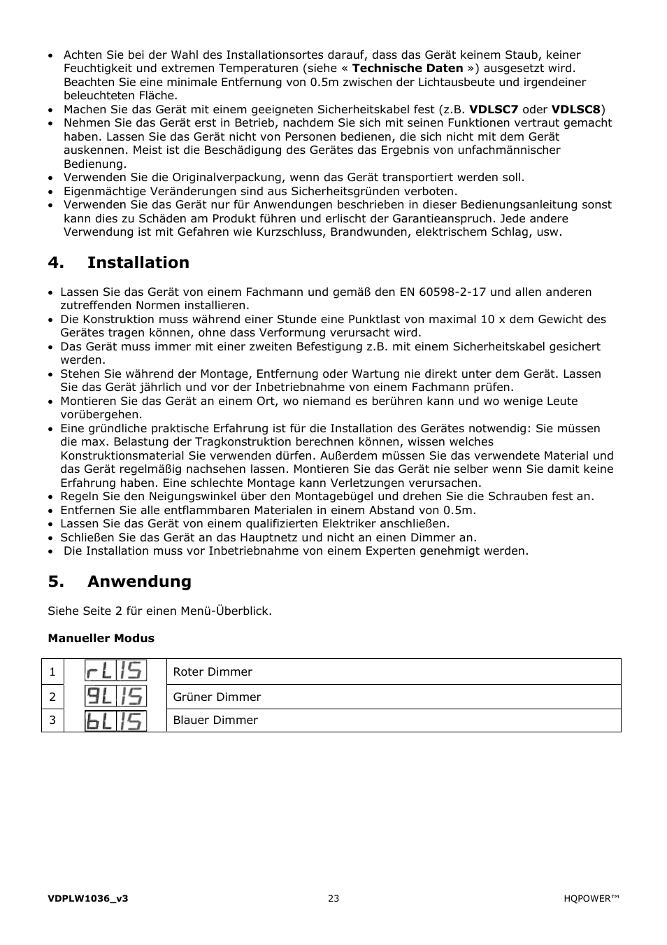 Inst, Tallation, Wendun | Velleman VDPLW1036 User Manual | Page 23 / 28