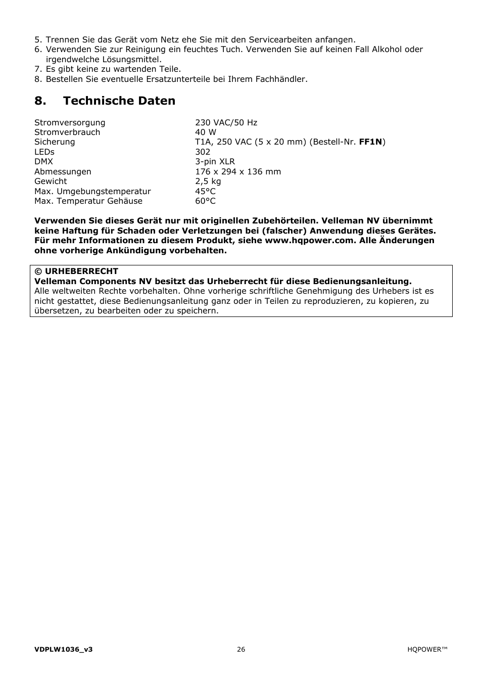 Technische daten | Velleman VDPLW1036 User Manual | Page 26 / 28